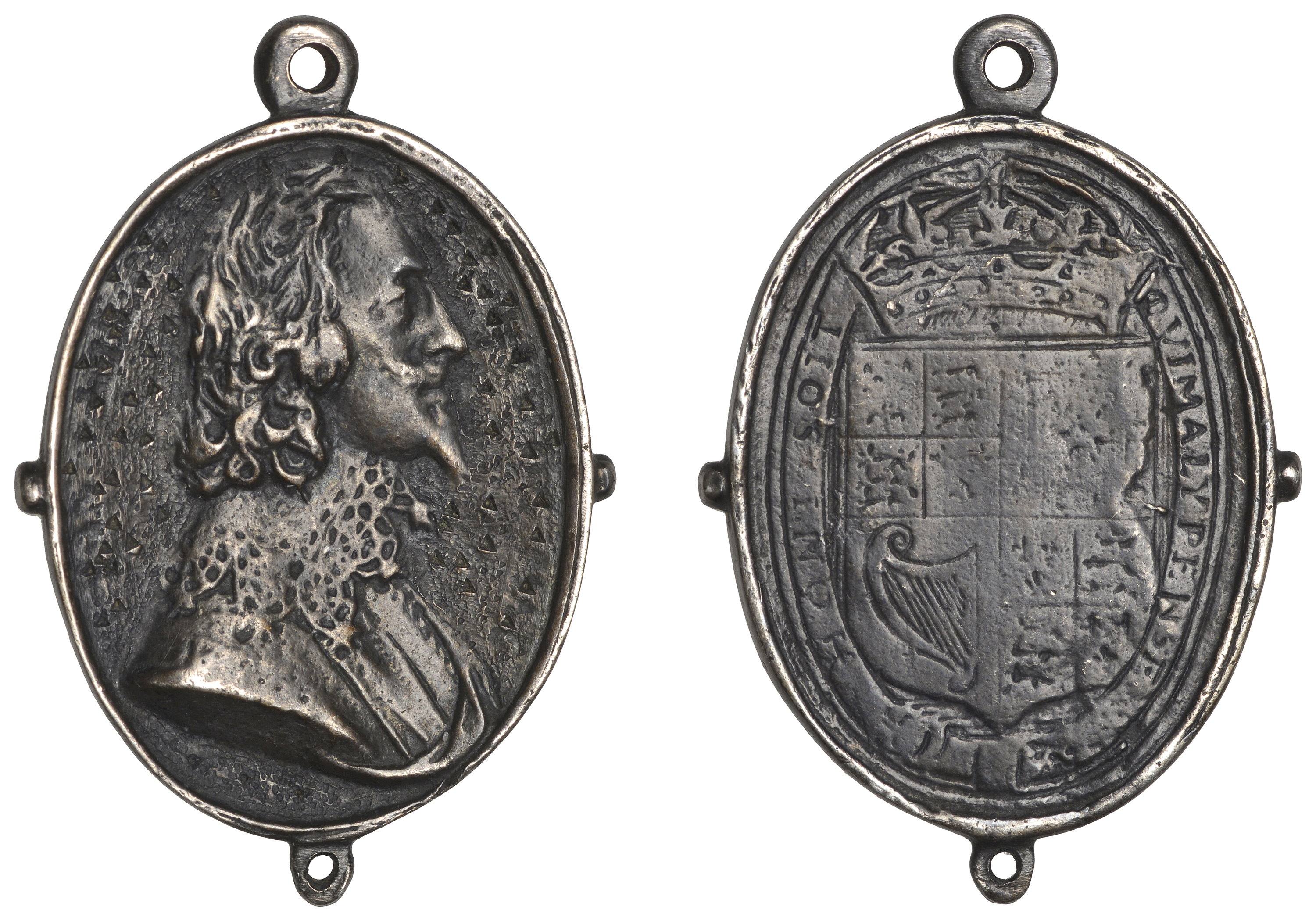 Charles I, a cast and chased silver Royalist badge, unsigned, similar to last, 34 x 26mm, 11...