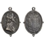 Charles I, a cast and chased silver Royalist badge, unsigned, similar to last, 34 x 26mm, 11...