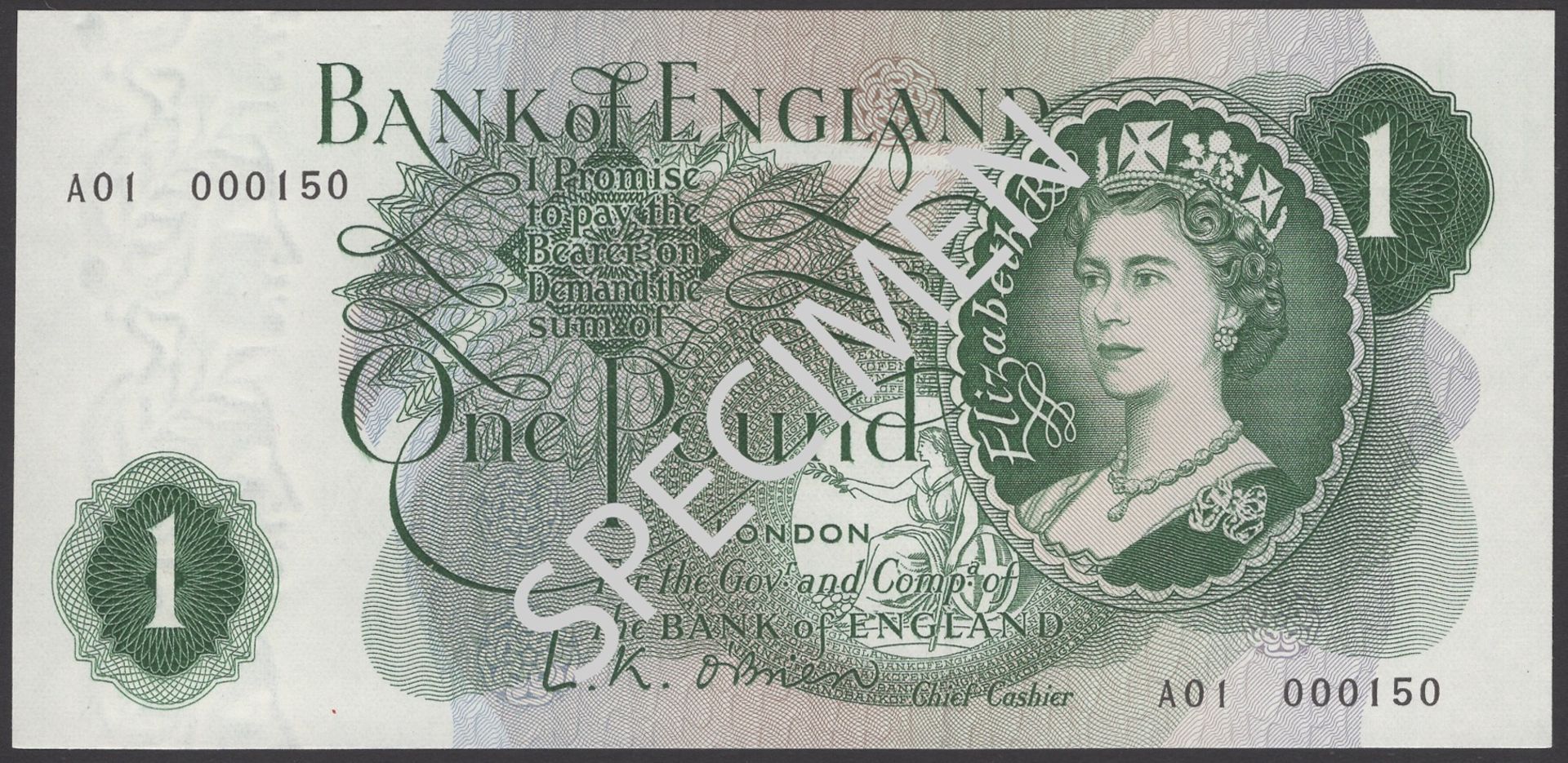 Bank of England, Leslie K. O'Brien, Â£1, 17 March 1960, serial number A01 000150, an original...