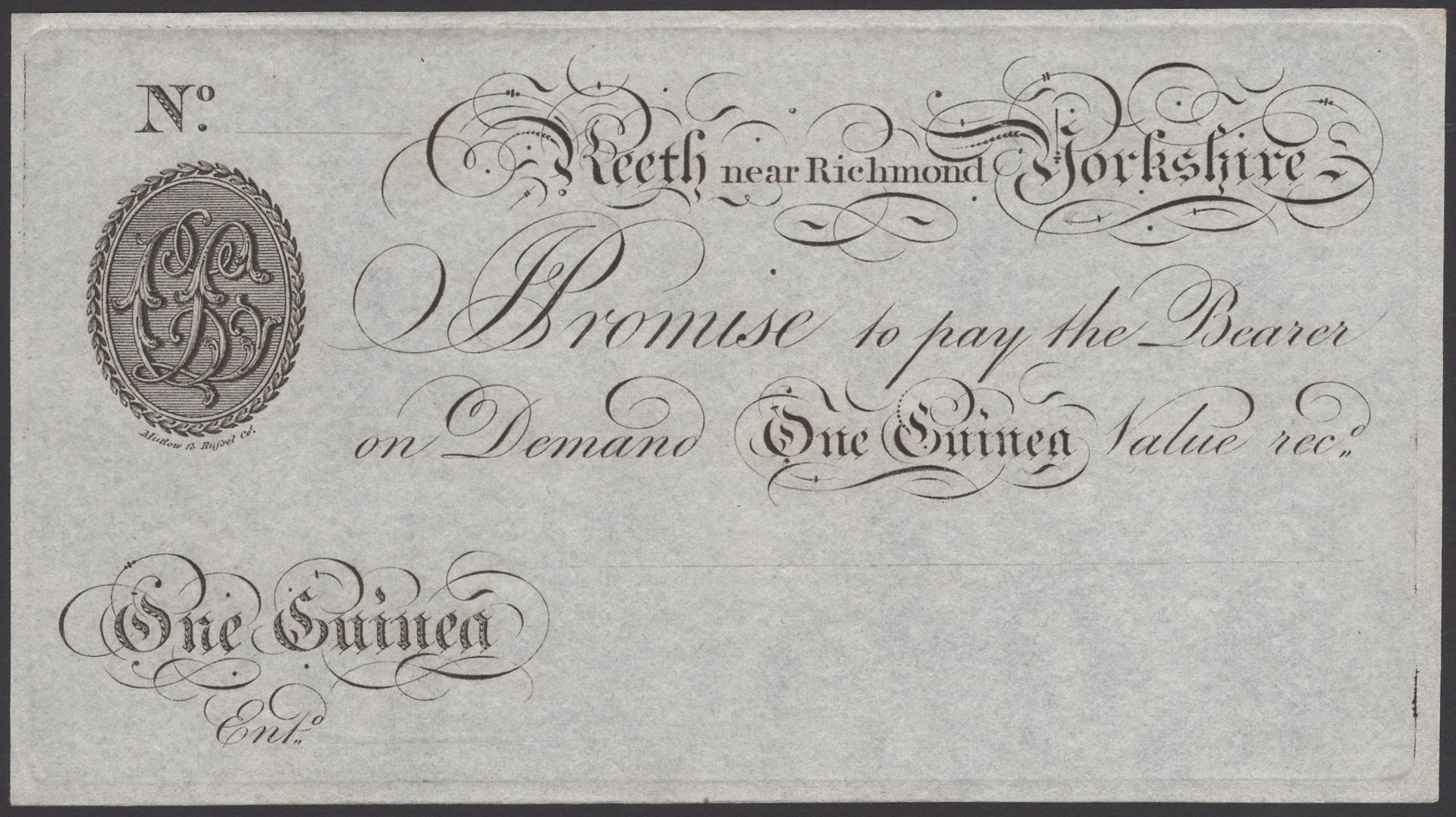 Reeth, Near Richmond Yorkshire, for Charles Lonsdale, unissued 1 Guinea, ND (18-), no signat...