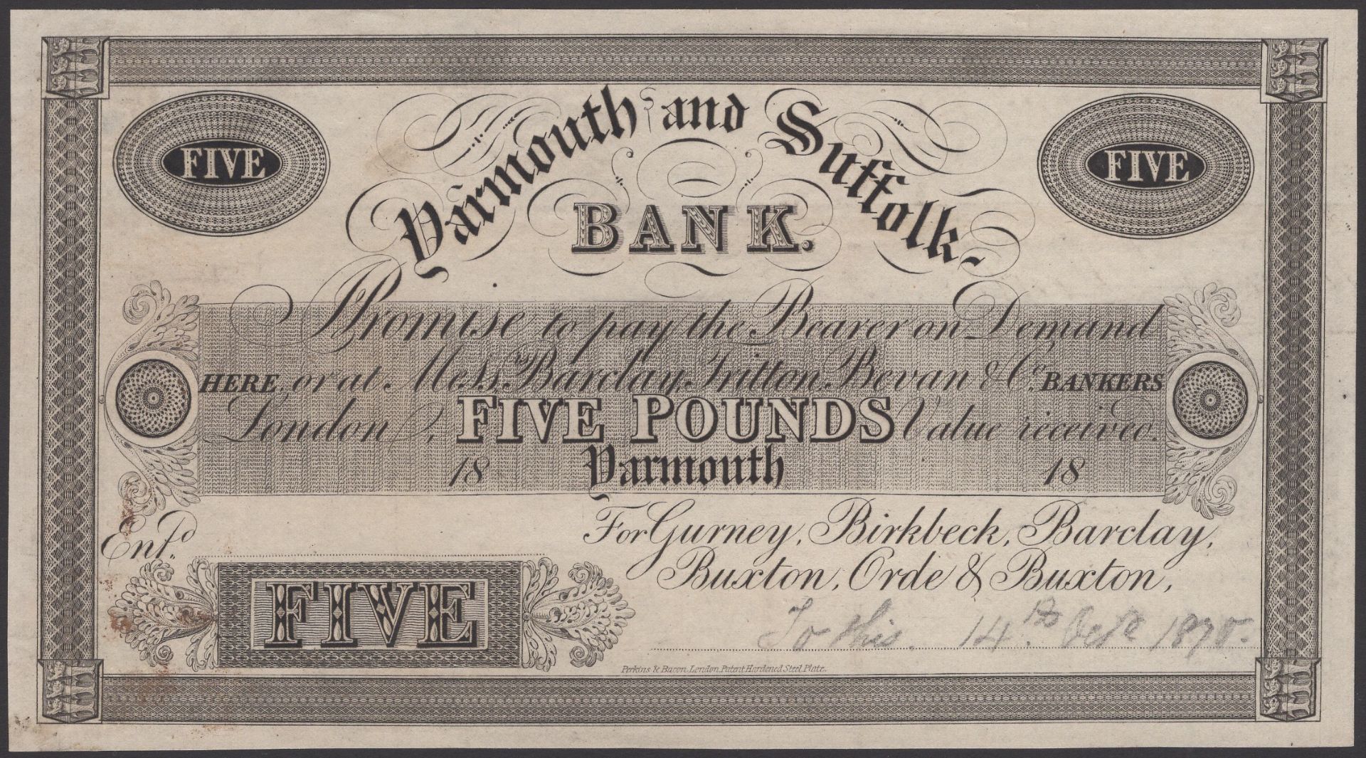 Yarmouth & Suffolk Bank, for Gurney, Birkbeck, Barclay, Buxton, Orde & Buxton, proof on pape...