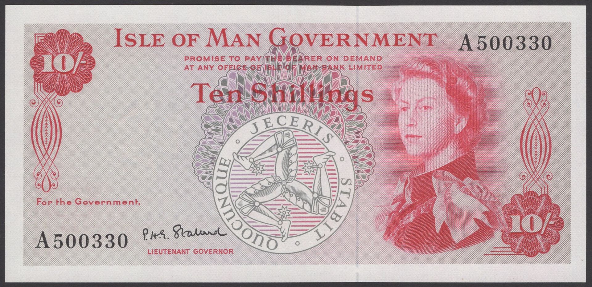 Isle of Man Government, P.H.G. Stallard, 10 Shillings, ND (1969), serial number A500330, a l...