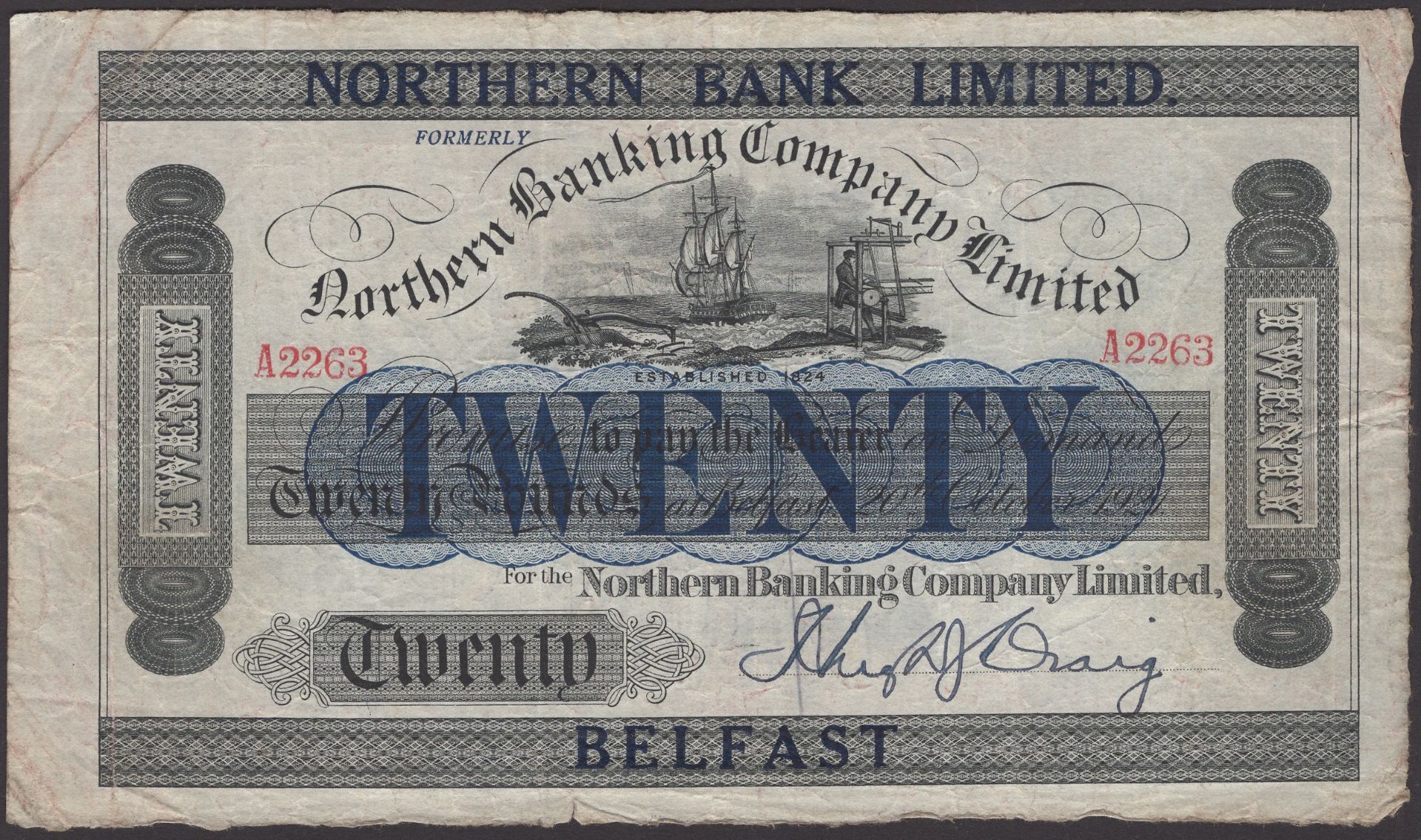 Northern Bank Limited, Â£20, 20 October 1921 (1929), serial number A2263, Craig signature, la...