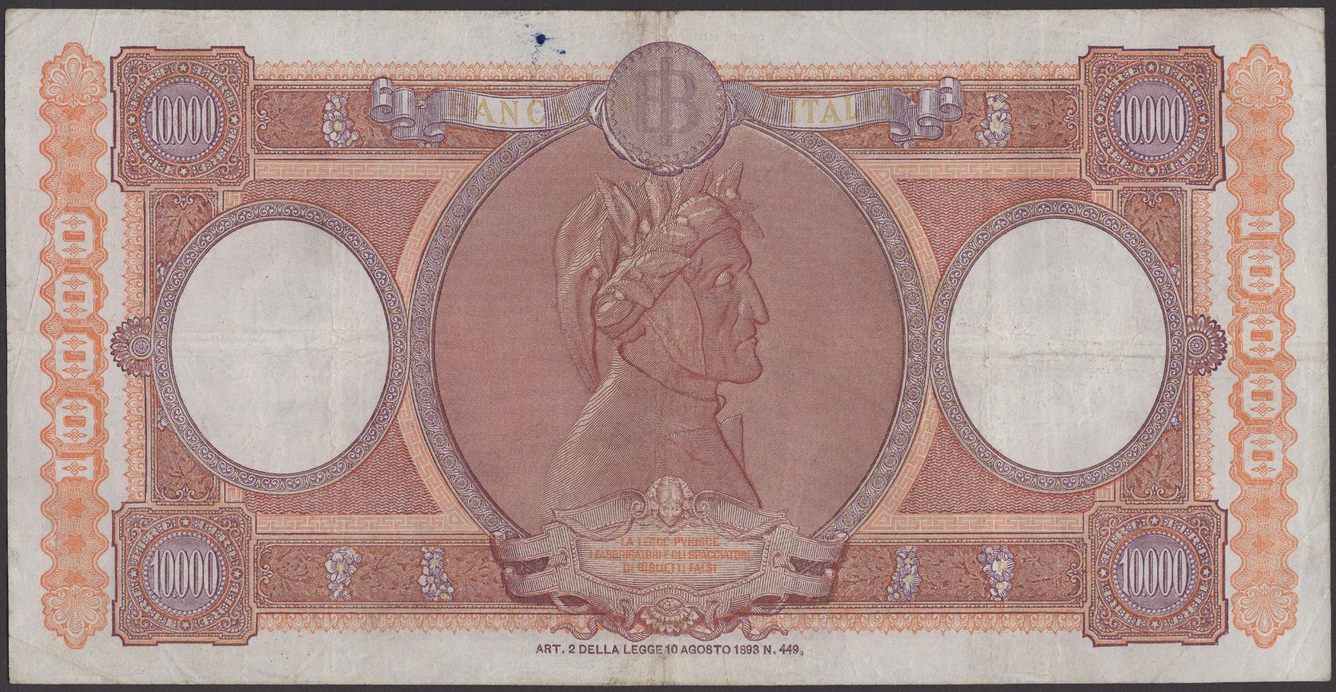 Banca d'Italia, 10,000 Lire, 2 January 1961, serial number R 2055 7958, Carli-Ripa signature... - Image 2 of 2