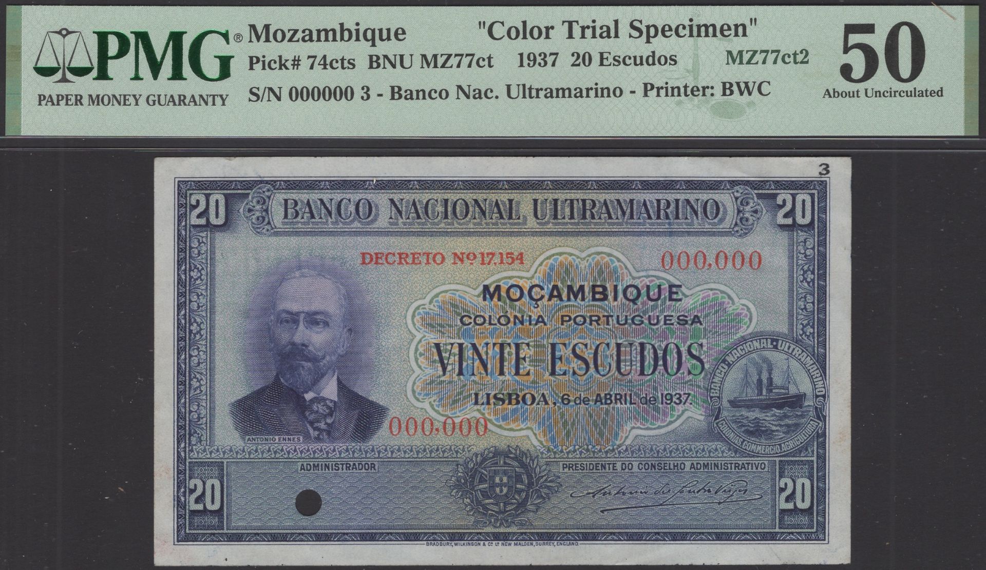 Banco Nacional Ultramarino, Mozambique, colour trial 20 Escudos, 6 April 1937, serial number...