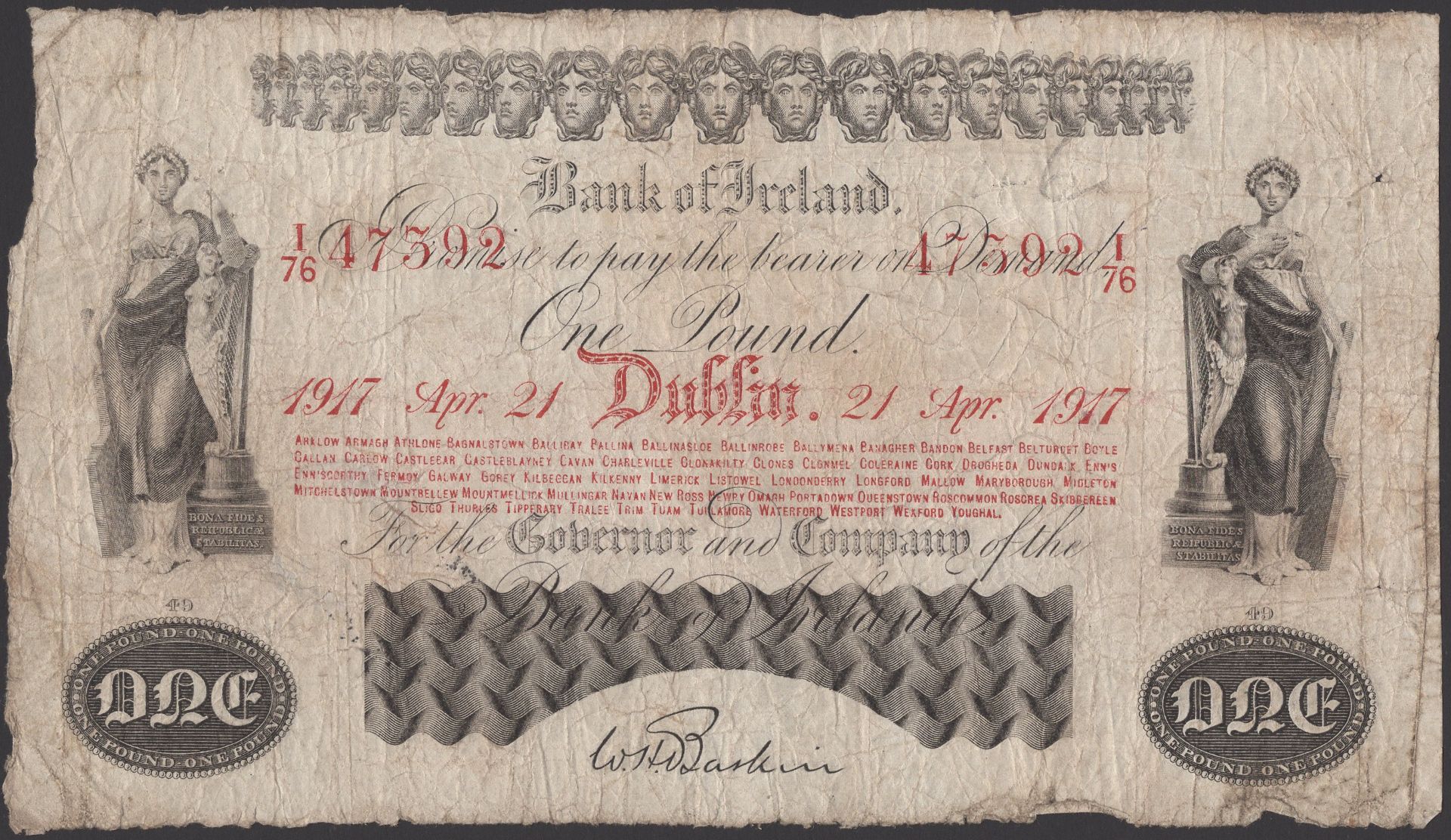 Bank of Ireland, Â£1, 21 April 1917, serial number I/76 47592, Baskin signature, the last dat...