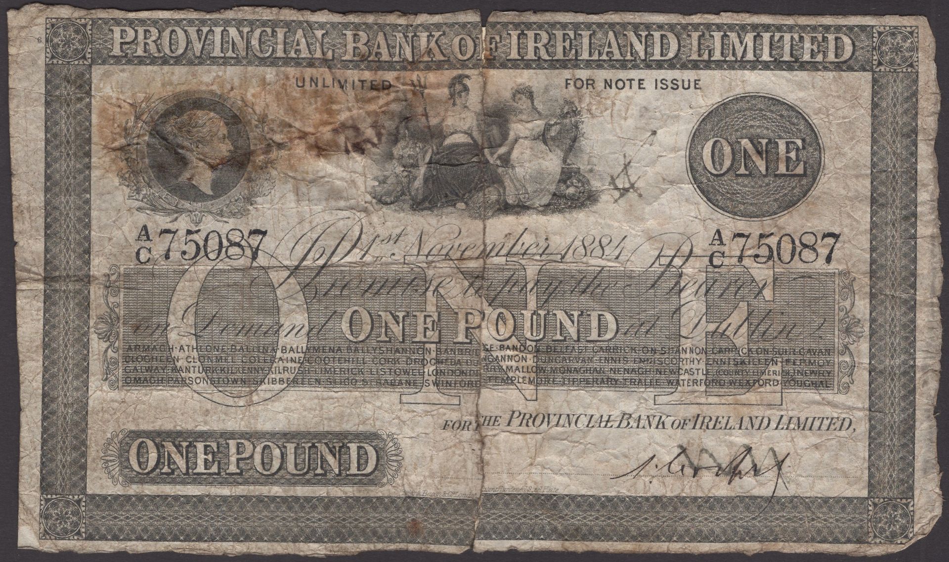 Provincial Bank of Ireland Ltd, Â£1, 1 November 1884, serial number A/C 7508, 46 Branches, sp...