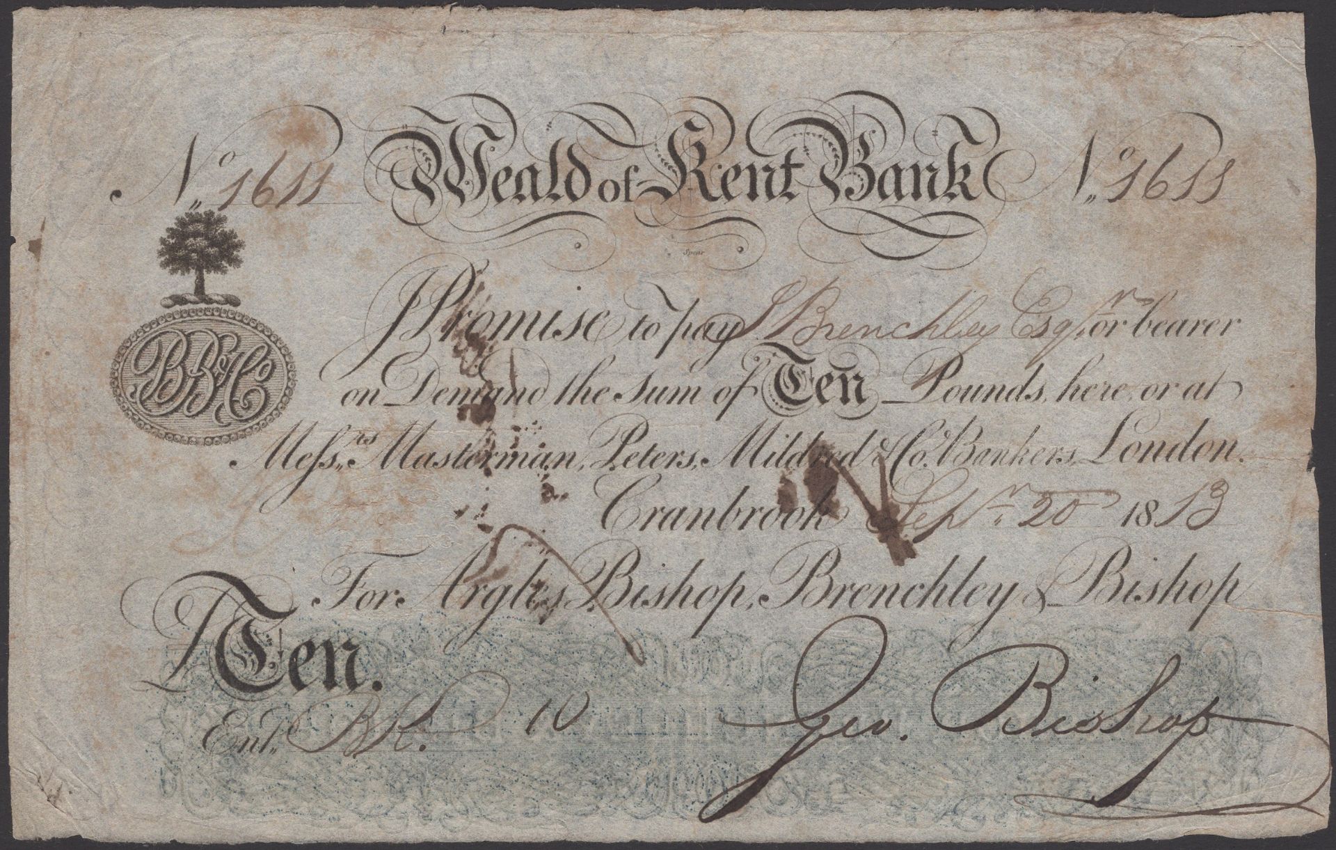 Weald of Kent Bank, Cranbrook, for Argles, Bishop, Brenchley & Bishop, Â£10, 20 September 191...