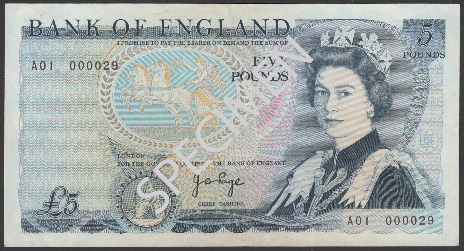 Bank of England, John B. Page, Â£5, 11 November 1971, serial number A01 000029, extremely fin...