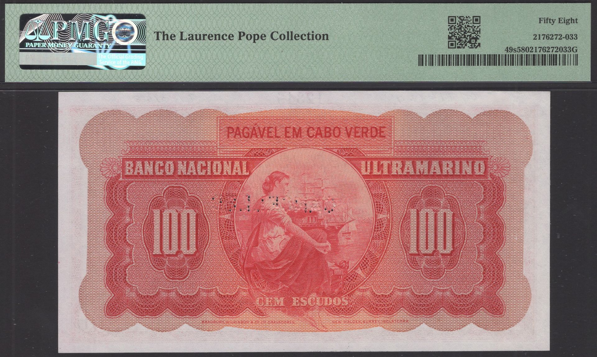 Banco Nacional Ultramarino, Cape Verde, printers archival specimen 100 Escudos (3), 16 June... - Image 4 of 4