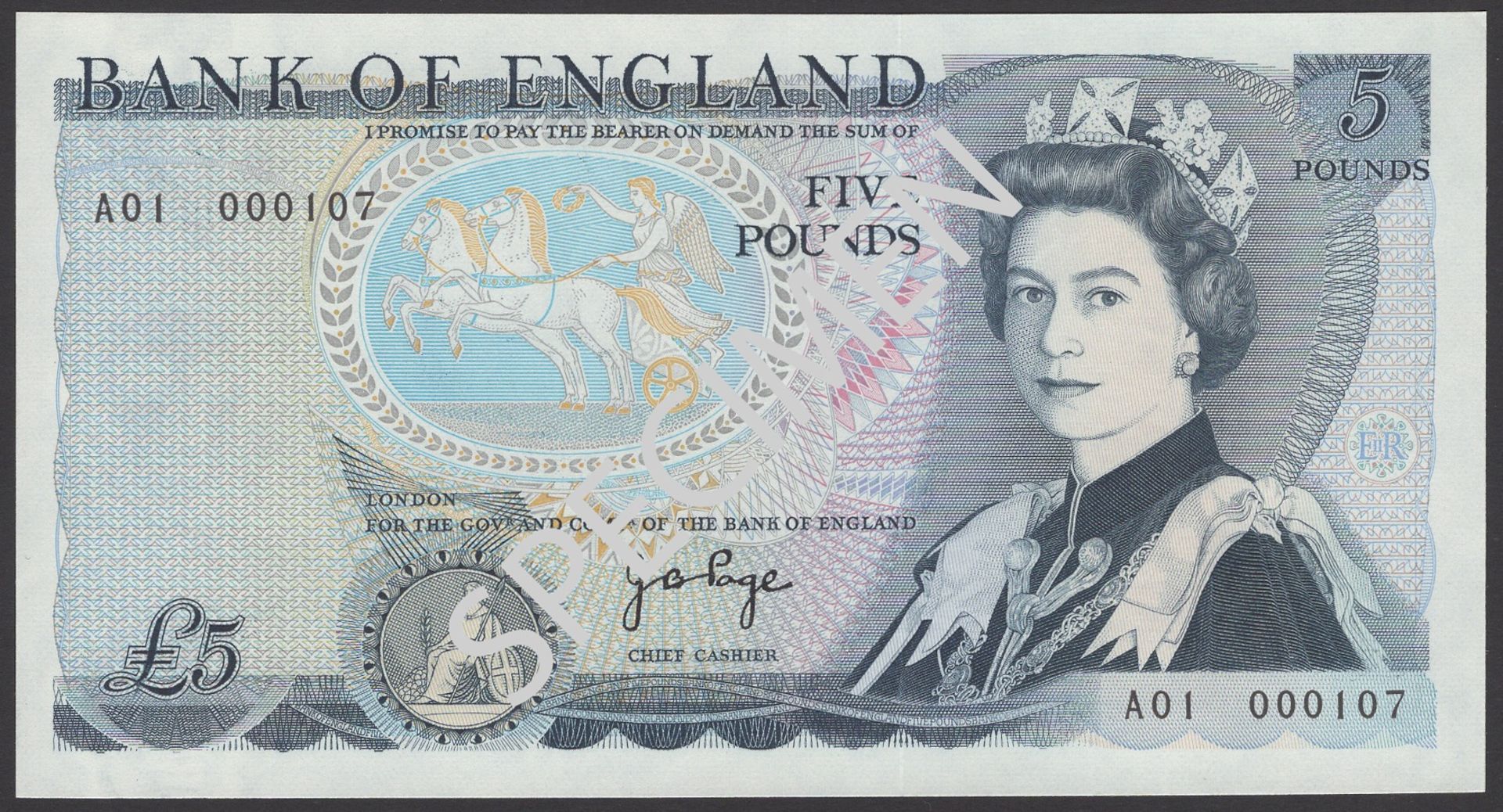 Bank of England, John B. Page, Â£5, 11 November 1971, serial number A01 000107, uncirculated...