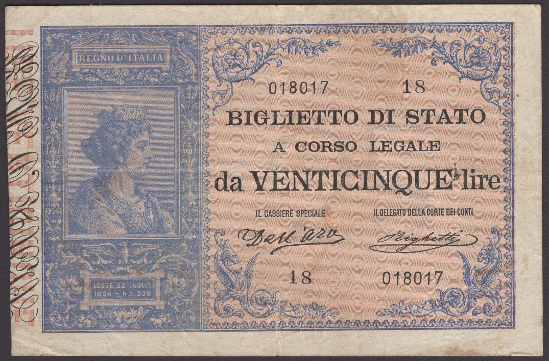 Biglietto Di Stato, Italy, 25 Lire, 1895, serial number 18 018017, Dell'Ara-Righetti signatu...