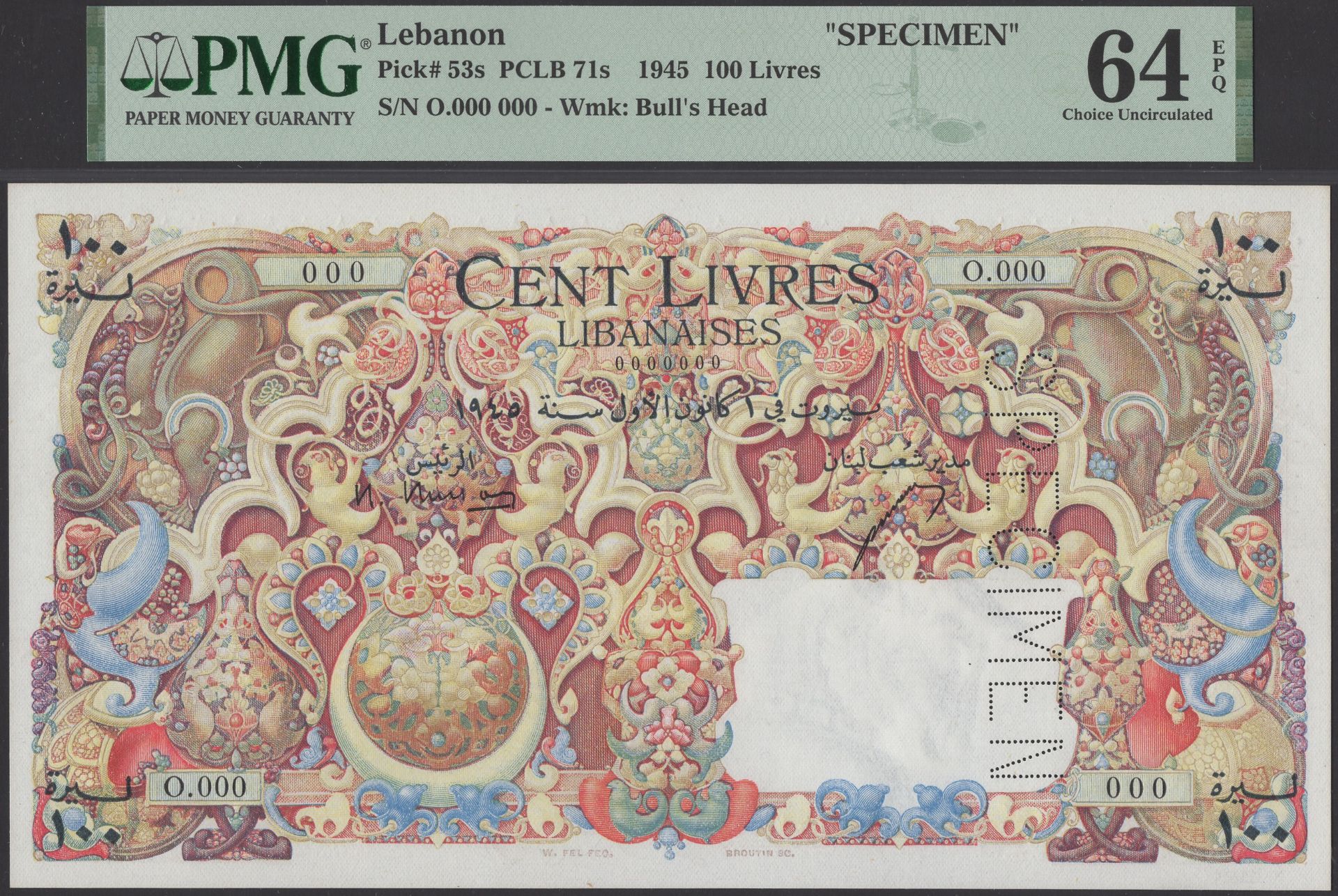 Banque de Syrie et du Liban, Lebanon, specimen 100 Livres, 1 December 1945, serial number 0....