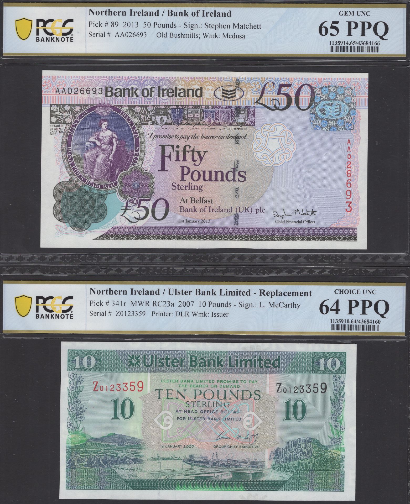 Bank of Ireland, Â£50, 1 January 2013, serial number AA 026693, also Ulster Bank, Â£10, 2007,... - Image 2 of 2