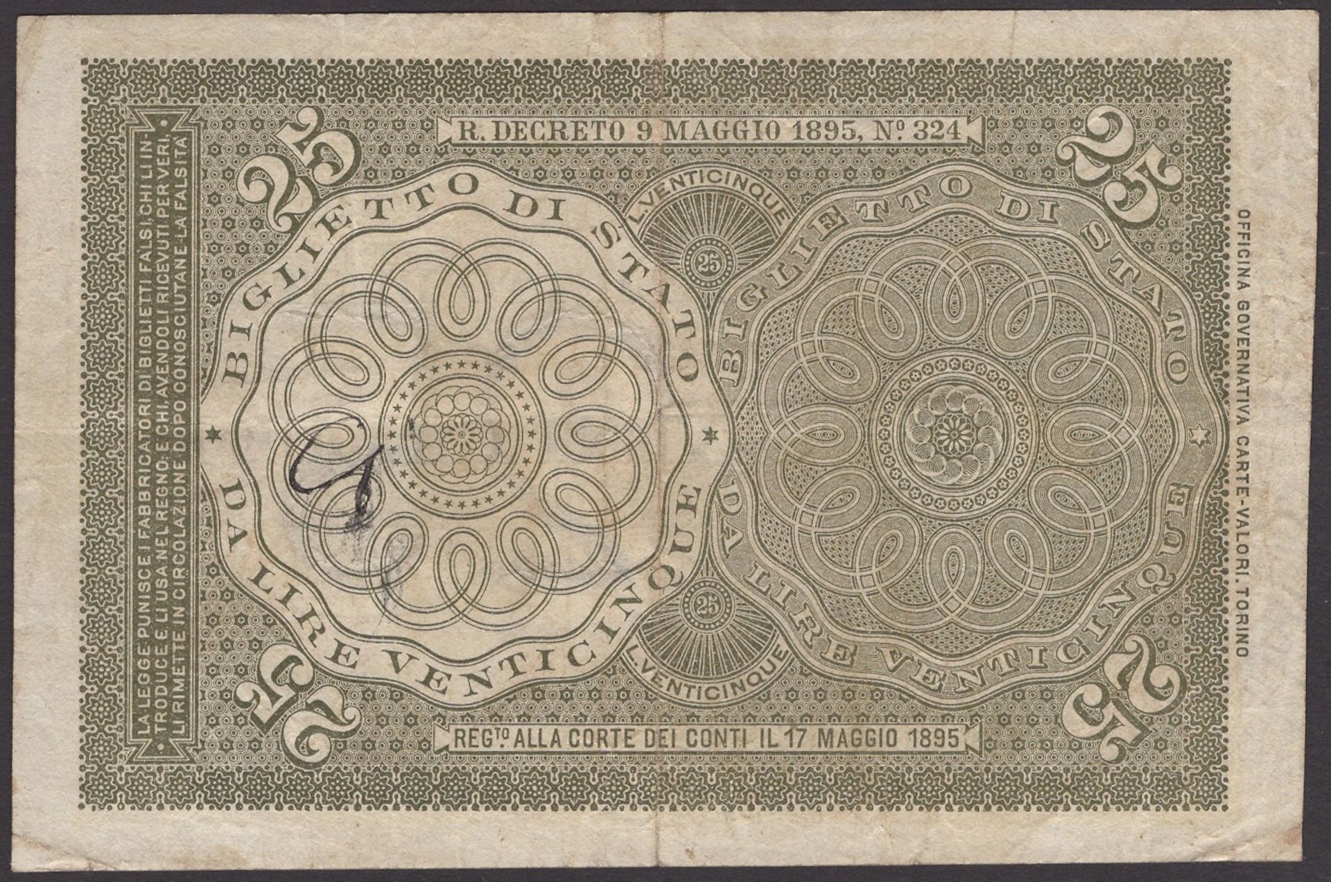 Biglietto Di Stato, Italy, 25 Lire, 1895, serial number 18 018017, Dell'Ara-Righetti signatu... - Image 2 of 2