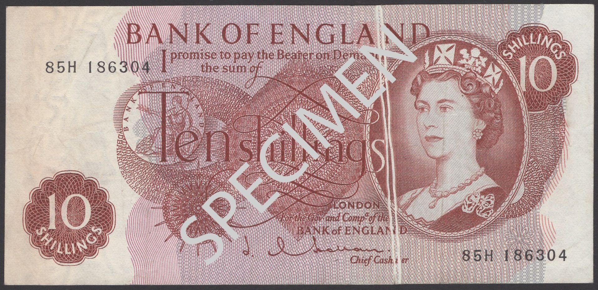 ERROR: Bank of England, Jasper Q. Hollom, 10 Shillings, 4 April 1963, serial number 85H 1863...