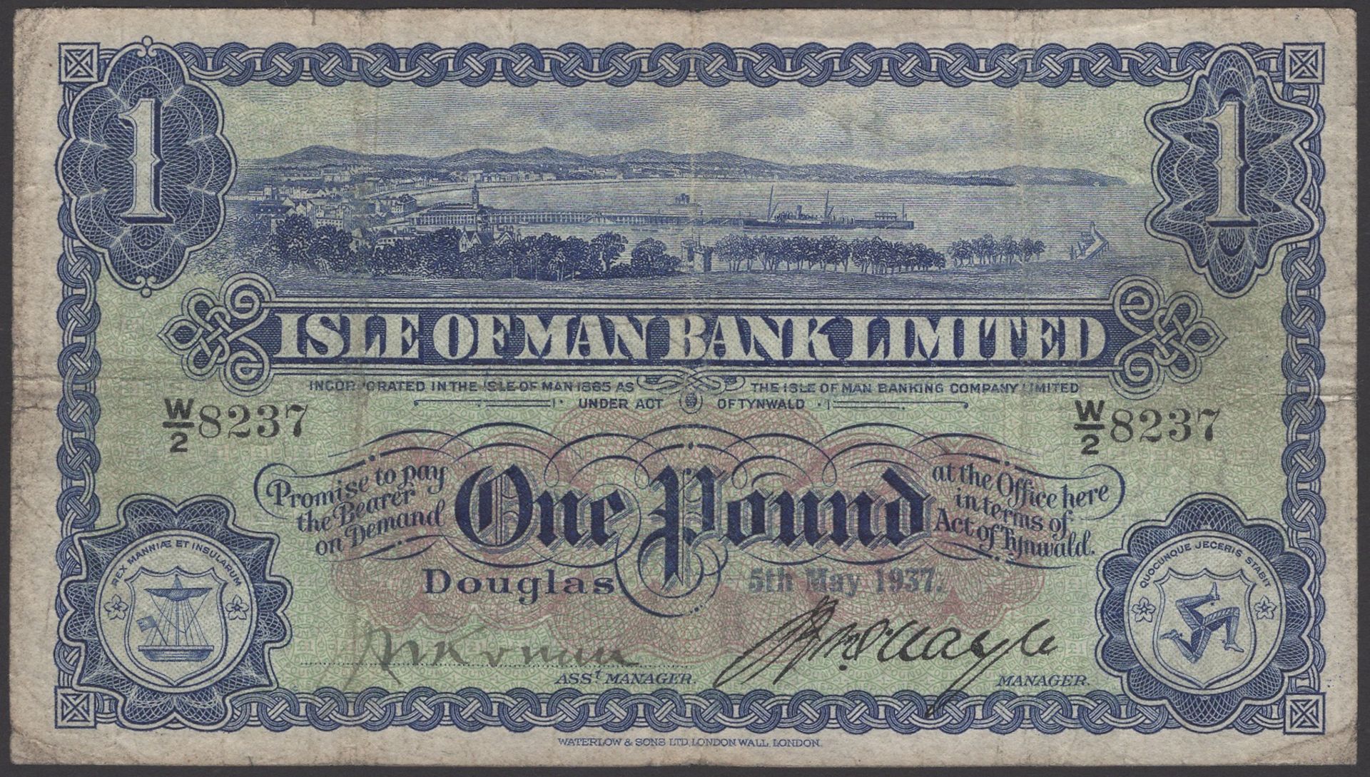 Isle of Man Bank Limited, Â£1, 5 May 1937, serial number W/2 8237, Quayle and Ronan signature...