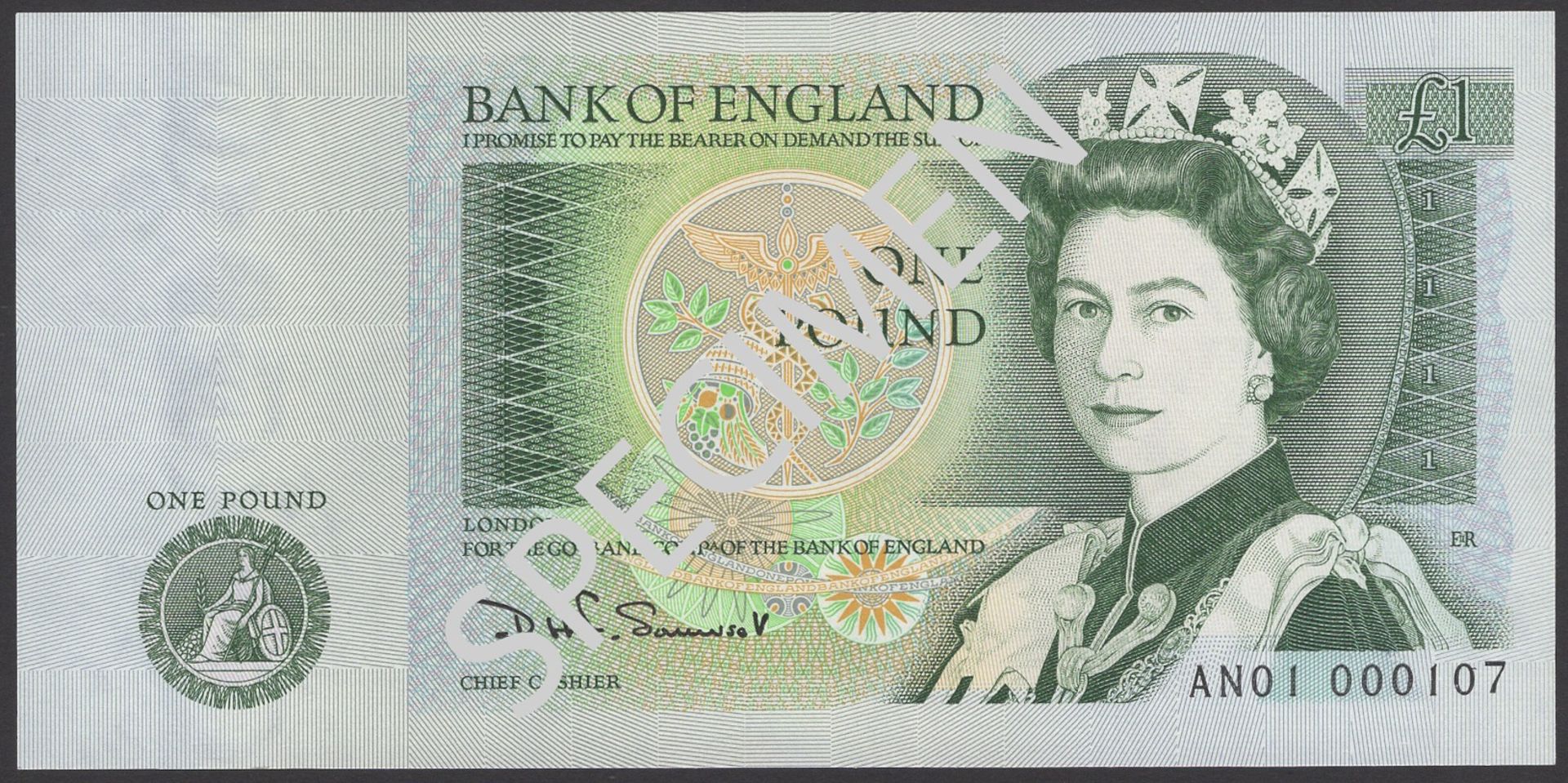 Bank of England, David H. F. Somerset, Â£1, 1981, serial number AN01 000107, uncirculated and...