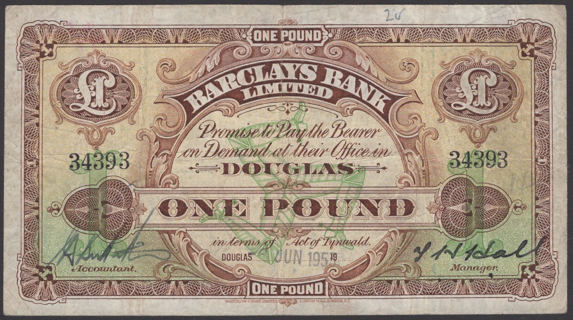 Barclays Bank Limited, Â£1, -6 June 1953, serial number 34393, Hall and Butterworth signature...