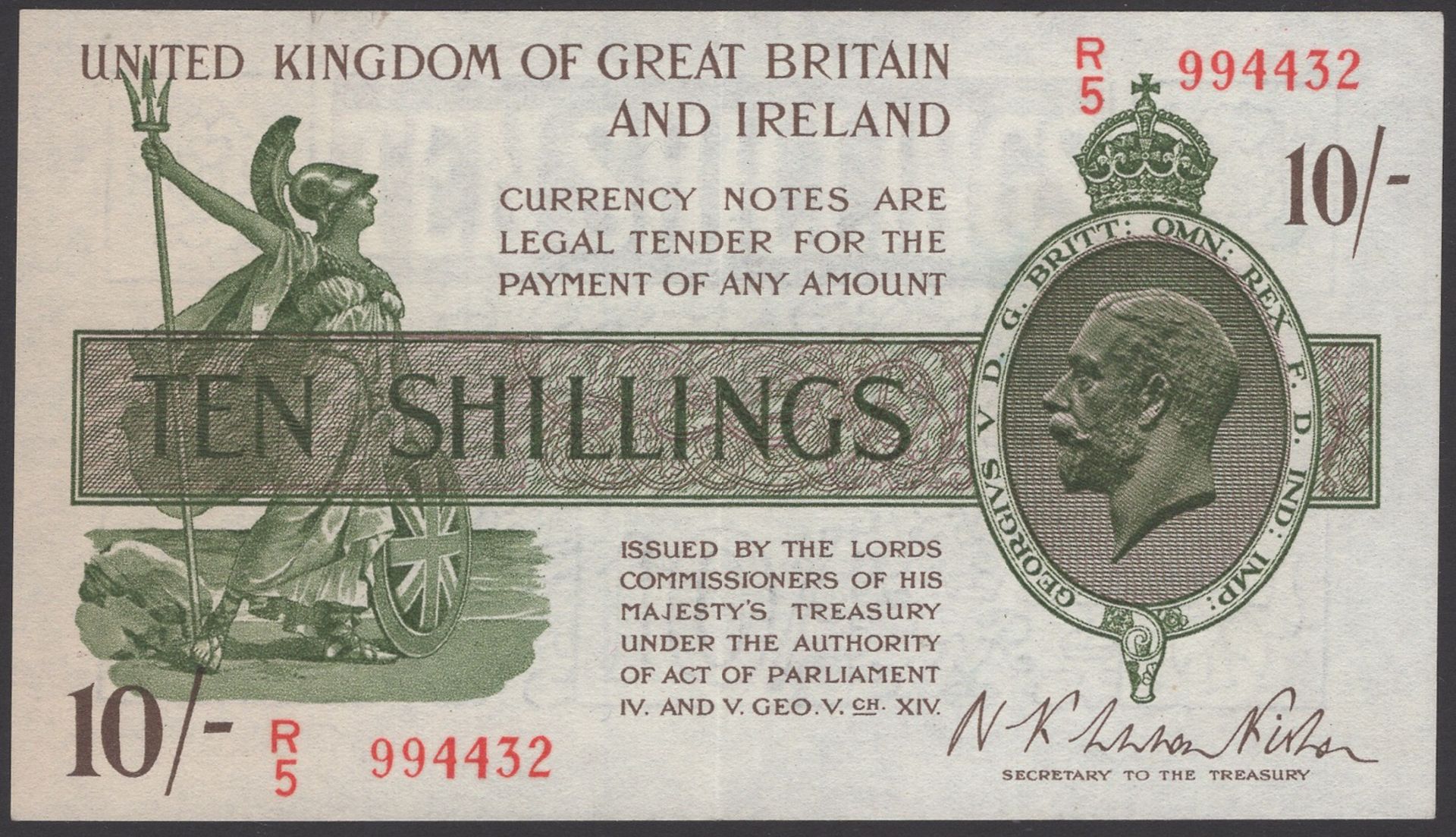 Treasury Series, Warren Fisher, 10 Shillings, 6 November 1922, serial number R/5 994432, ton...