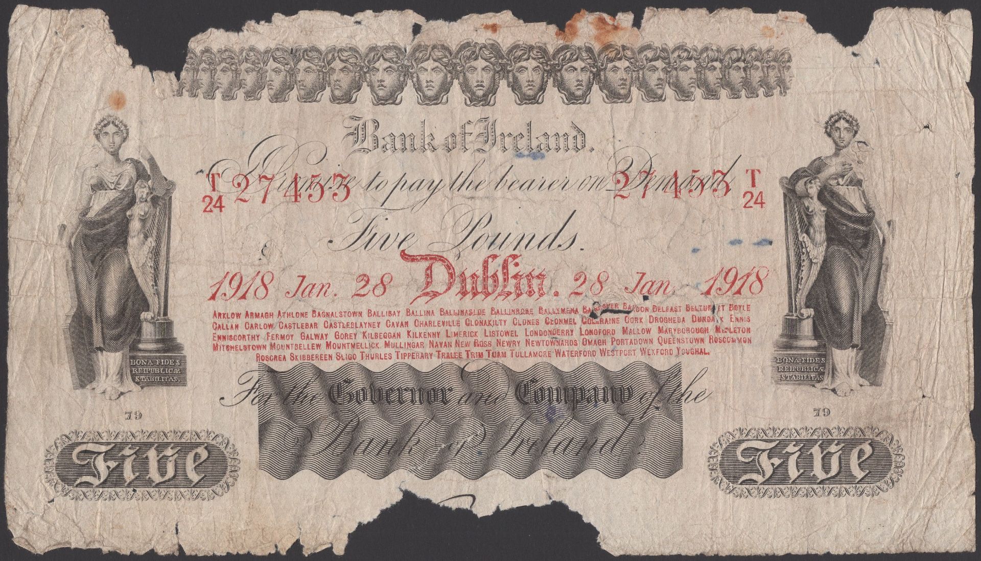 Bank of Ireland, Â£5, 28 January 1918, serial number T/24 27453, Baskin signature (although l...