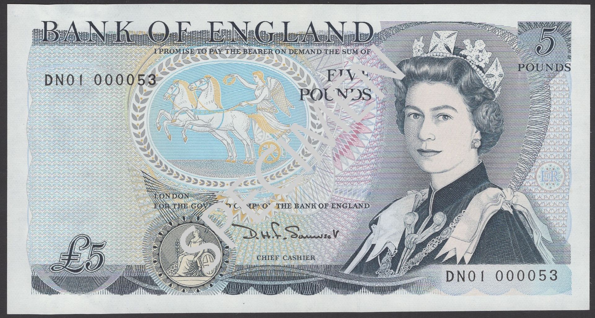 Bank of England, David H. F. Somerset, Â£5, 1980, serial number DN01 000053, about uncirculat...