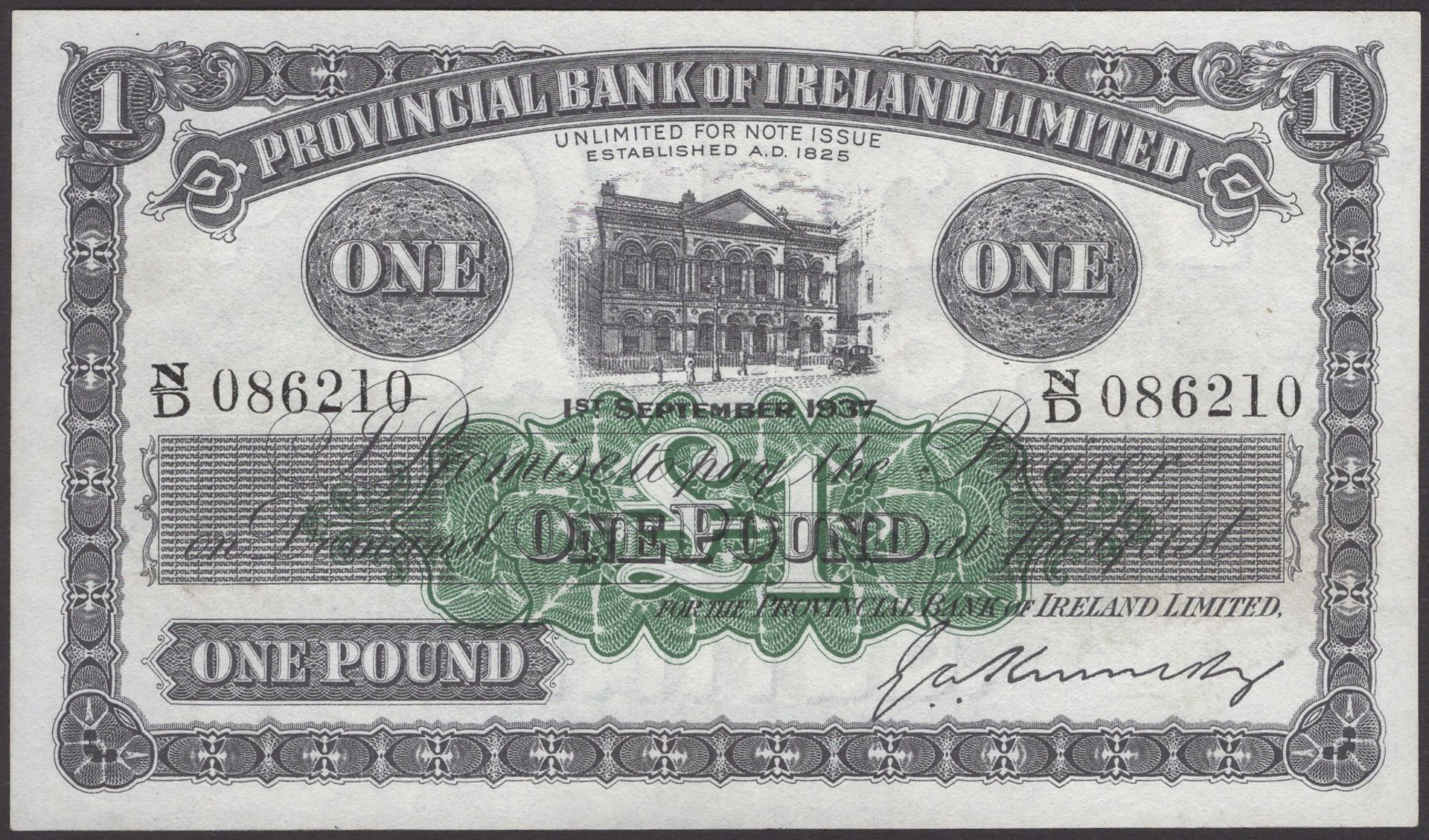 Provincial Bank of Ireland Ltd, Â£1, 1 September 1937, serial number N/D 086210, Kennedy sig...