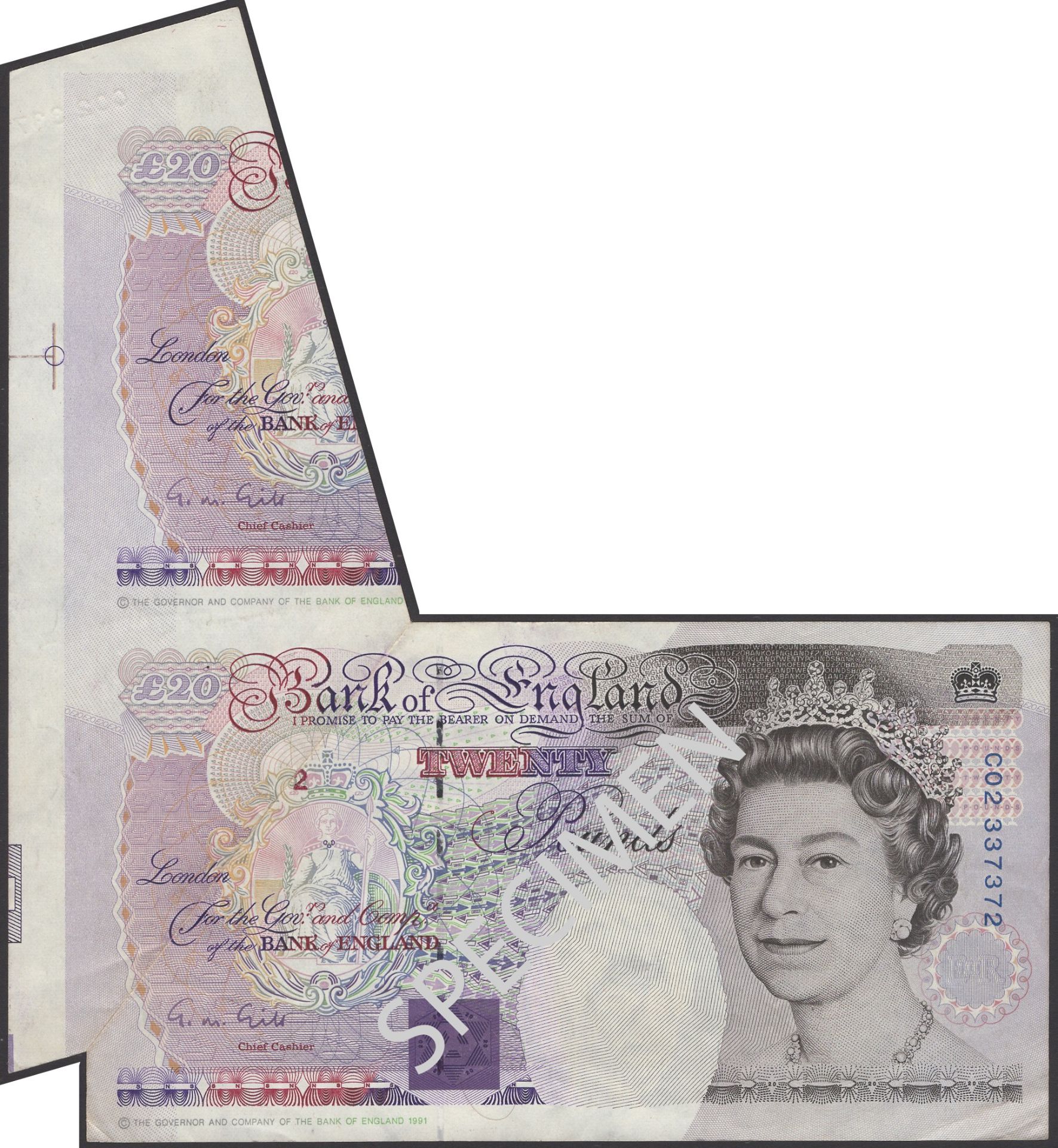 ERROR: Bank of England, George M. Gill, Â£20, 5 June 1991, serial number C02 337372, Megalodo...