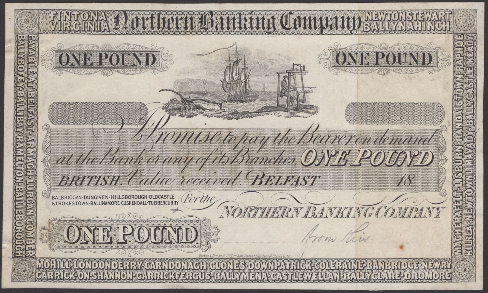 Northern Banking Company, proof Â£1 on paper, 18- (c.1873), no signature or serial number, 42...