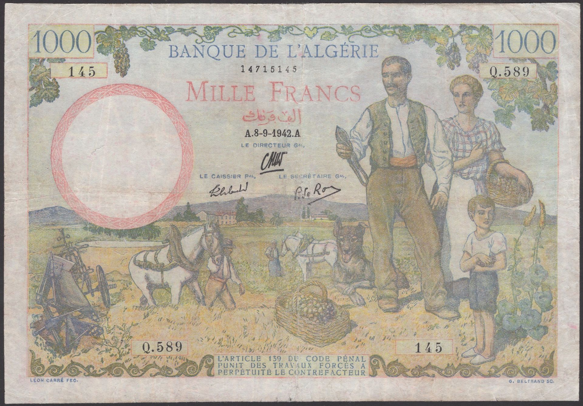 Banque de l'Algerie, 1000 Francs, 8 September 1942, serial number Q.589-145, a fairly attrac...