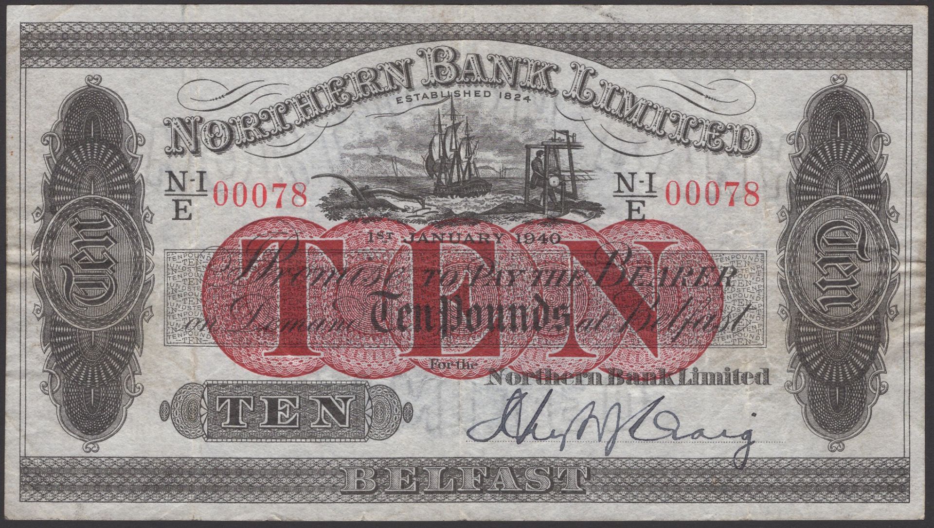 Northern Bank Limited, Â£10, 1 January 1940, serial number N-I/E 00078, Craig signature, orig...