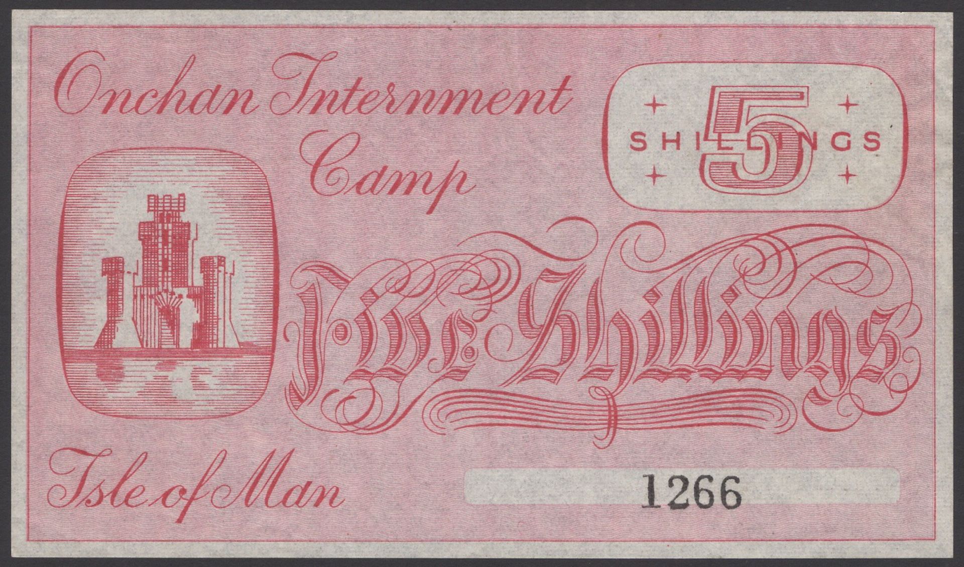 Onchan Internment Camp, 5 Shillings, ND (1940), serial number 1266, original about uncircula...