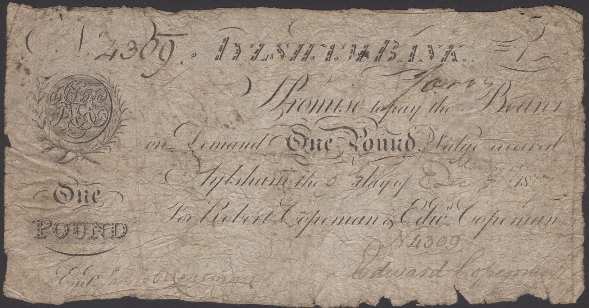 Aylsham Bank, for Robert Copeman & Edwd Copeman, Â£1, 9 December 1817, serial number 4359, si...