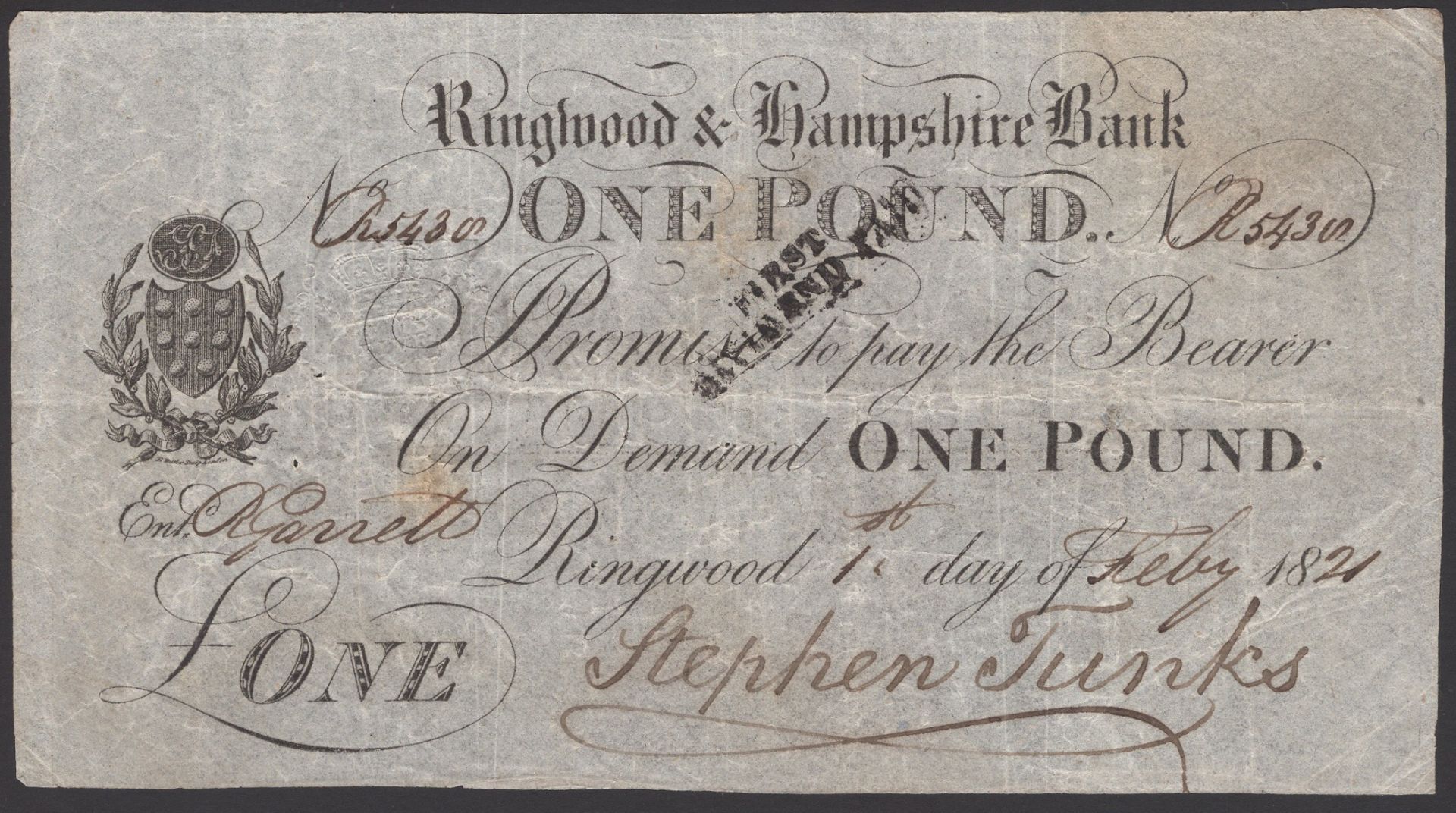 Ringwood & Hampshire Bank, for Stephen Tunks, Â£1, 1 February 1821, serial number K5430, Step...