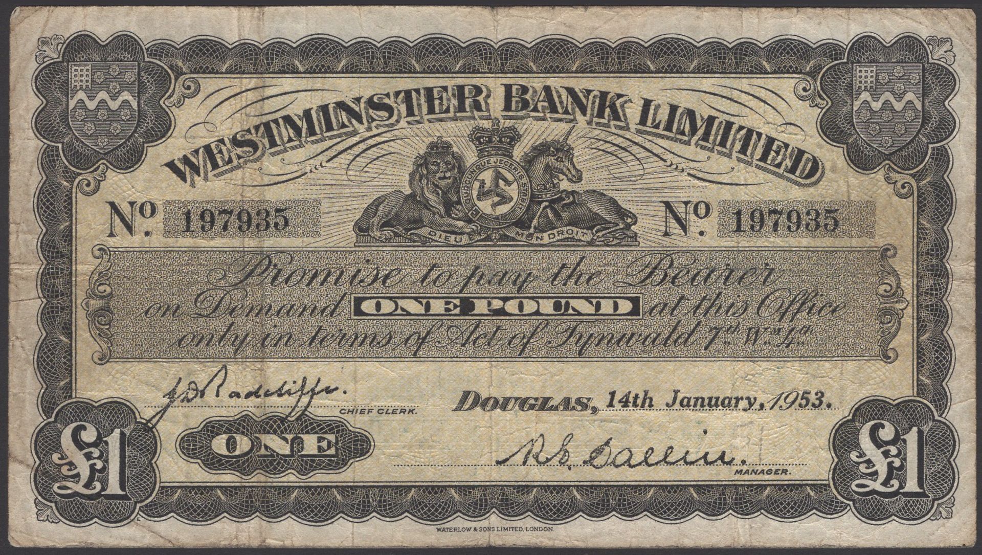 Westminster Bank Limited, Â£1, 14 January 1953, serial number 197935, Callin and Radcliffe si...