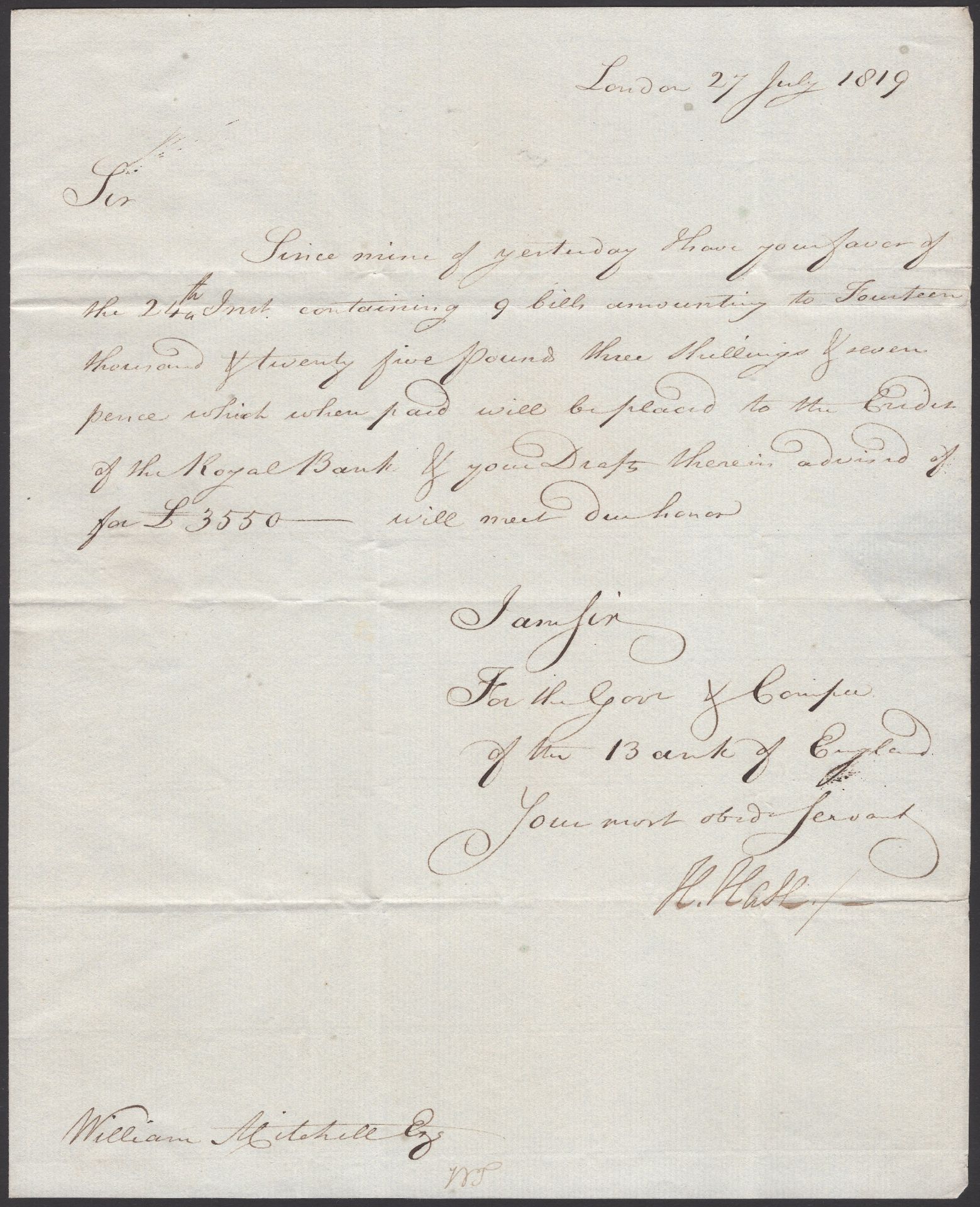 Bank of England, a letter dated 27 July 1819, to William Mitchell, Royal Bank Edinburgh, sig...