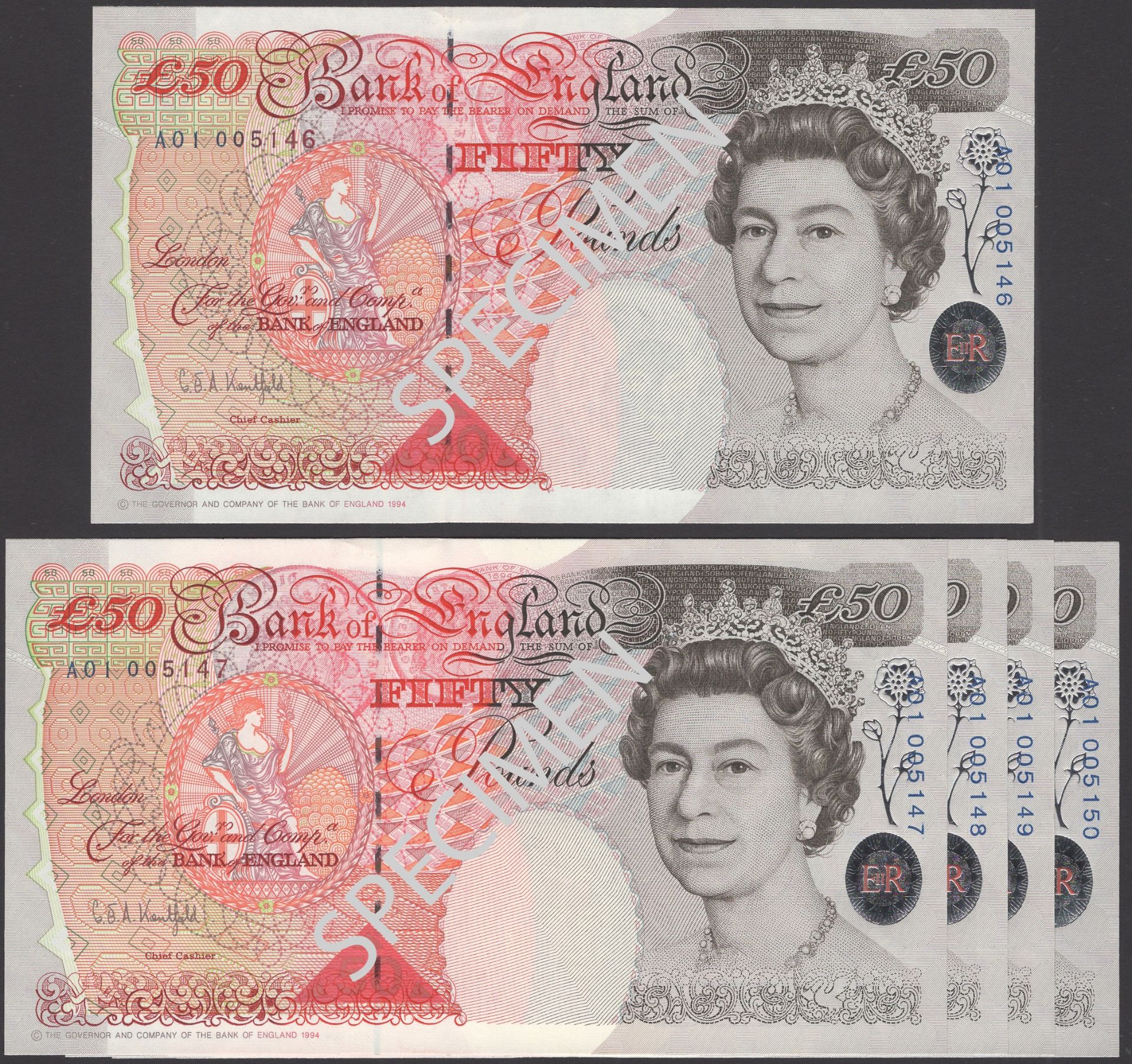 Bank of England, Graham E. A. Kentfield, Â£50 (5), 20 April 1994, serial numbers A01 005146-1...