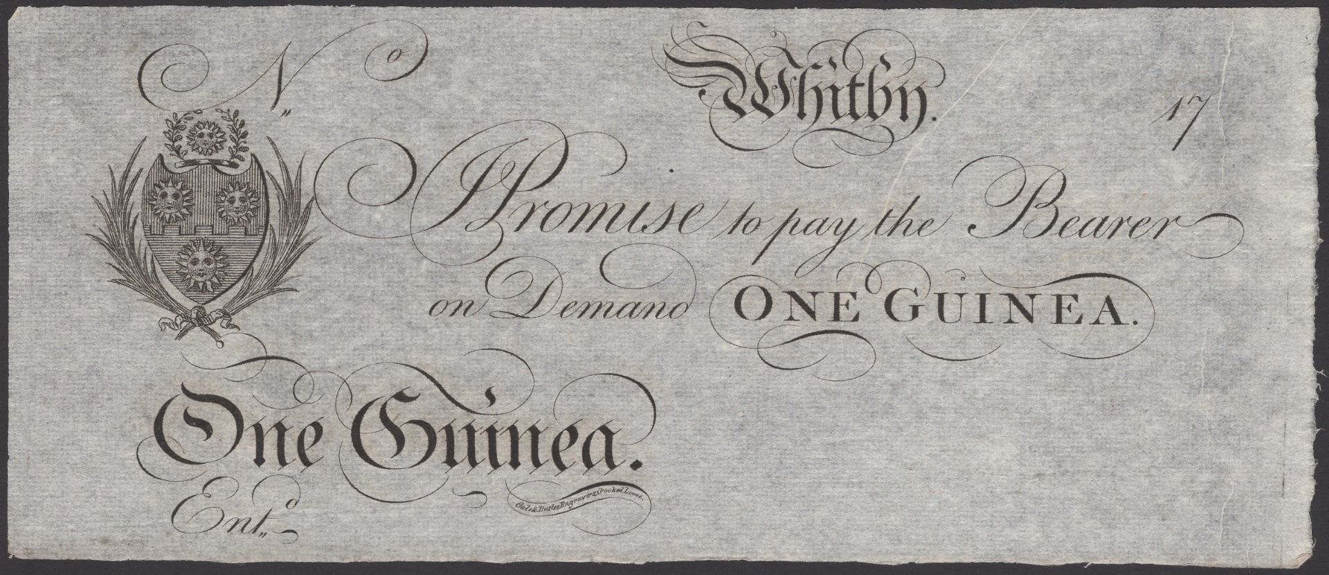 Whitby Bank, for Jonathan Sanders, unissued 5 Guineas, 17-, no serial number or signature, e...