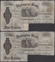 Darlington Bank, for Jonathan Backhouse & Compy, cancelled Â£5 (2), 21 November 1890 and 22 O...