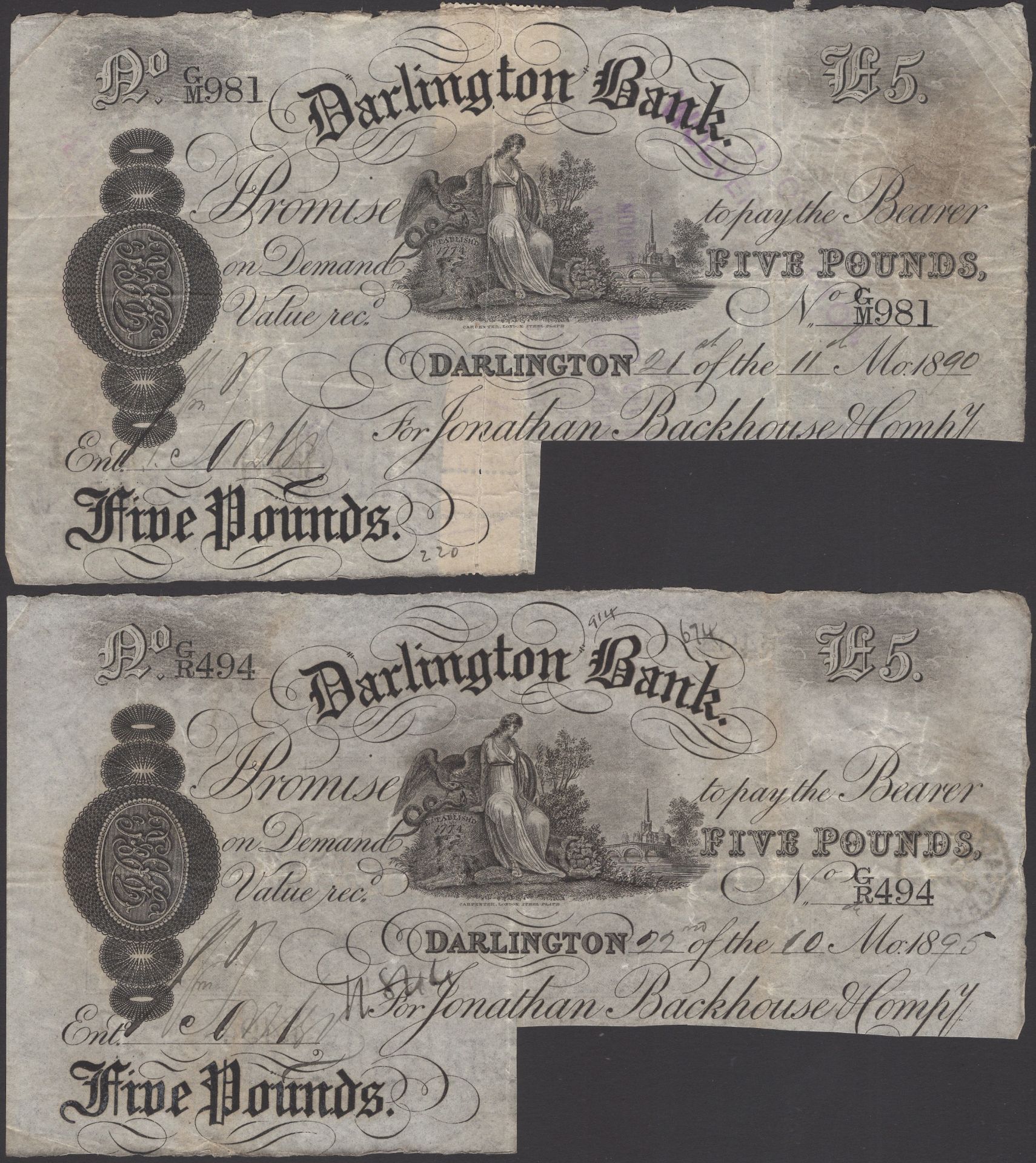 Darlington Bank, for Jonathan Backhouse & Compy, cancelled Â£5 (2), 21 November 1890 and 22 O...