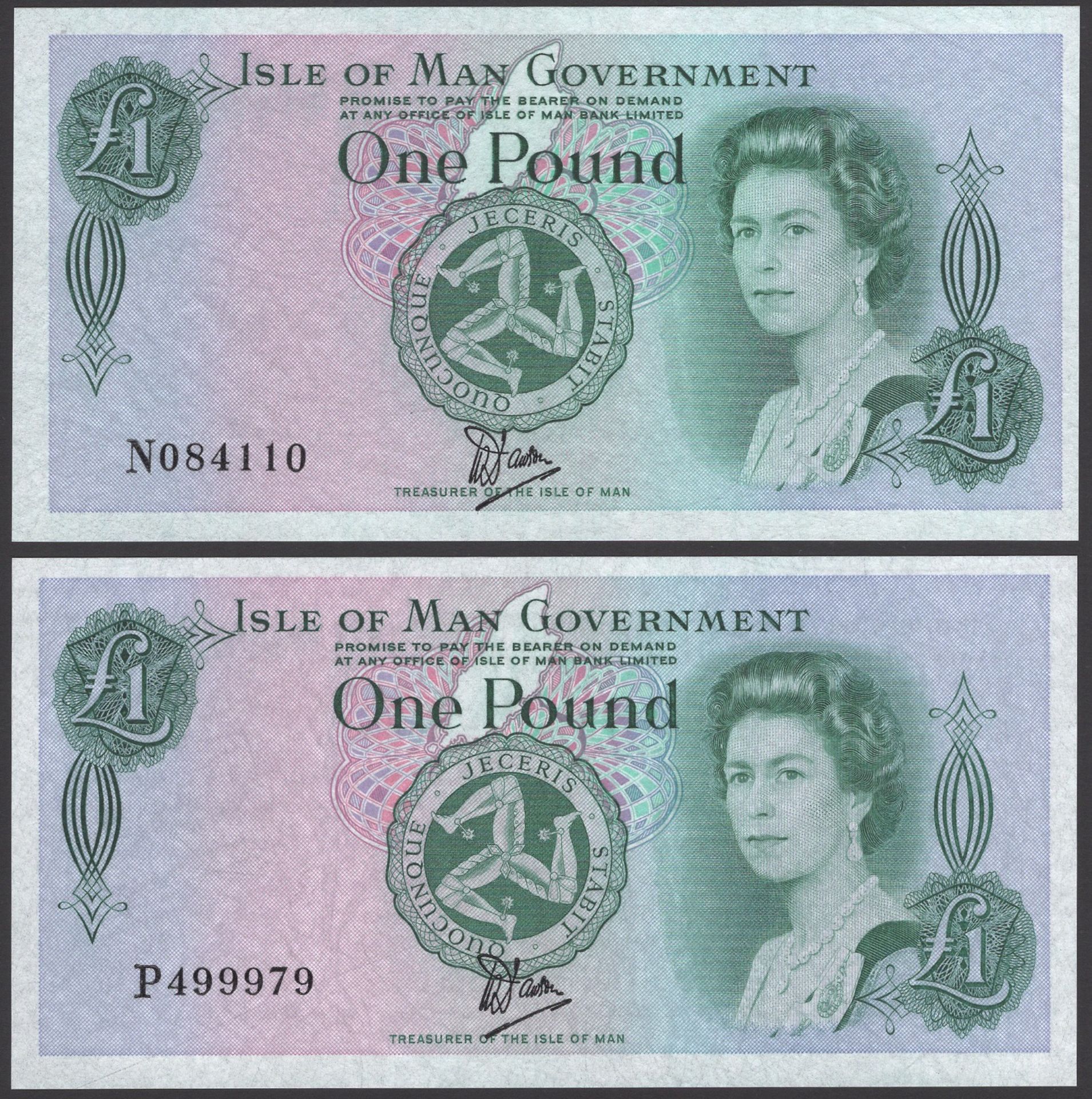 Isle of Man Government, W.Dawson, tyvek Â£1 (2), ND (1985-7), serial numbers N084110 and P499...