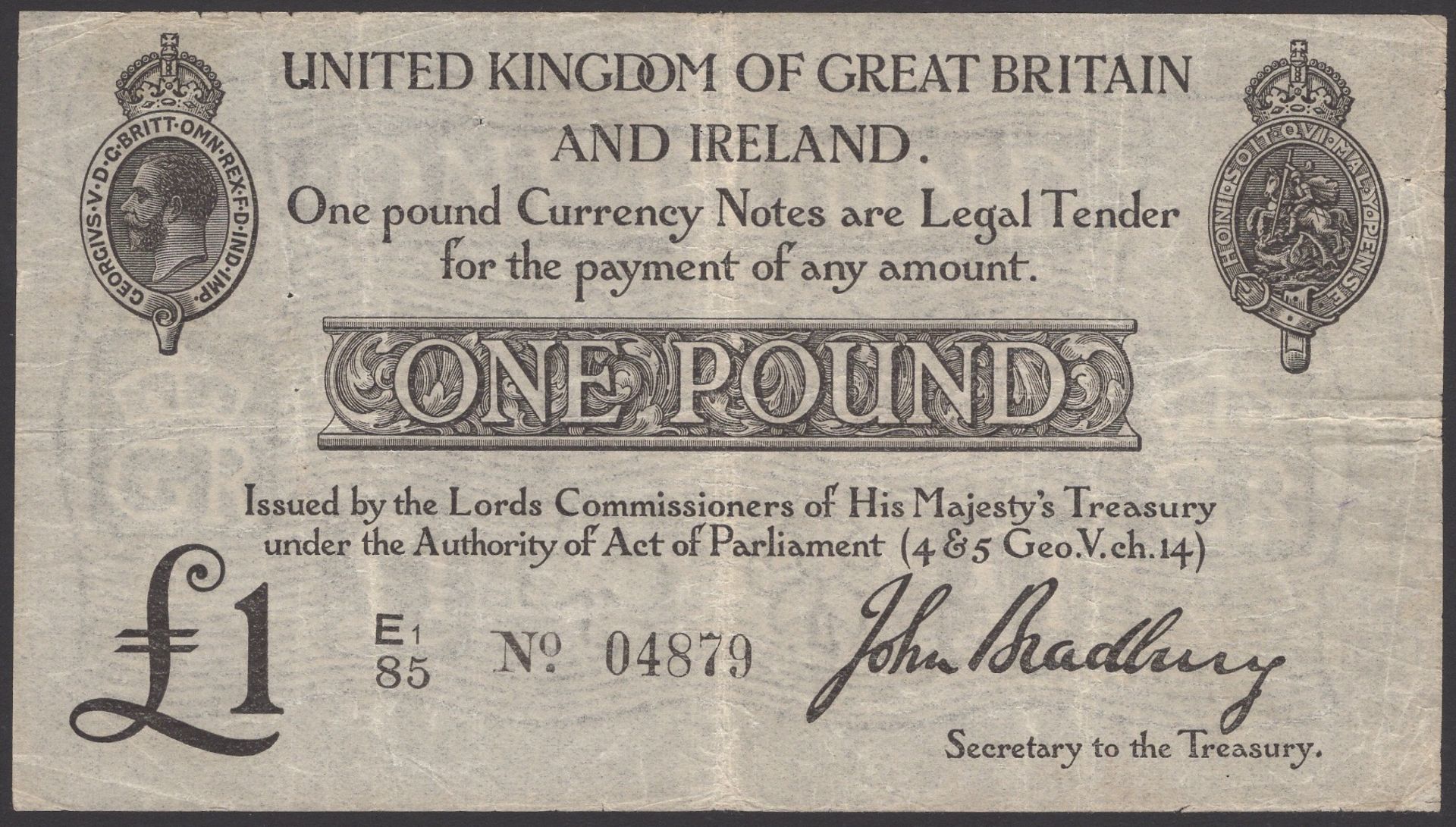 Treasury Series, John Bradbury, Â£1, 23 October 1914, serial number E1/85 04879, good fine E...