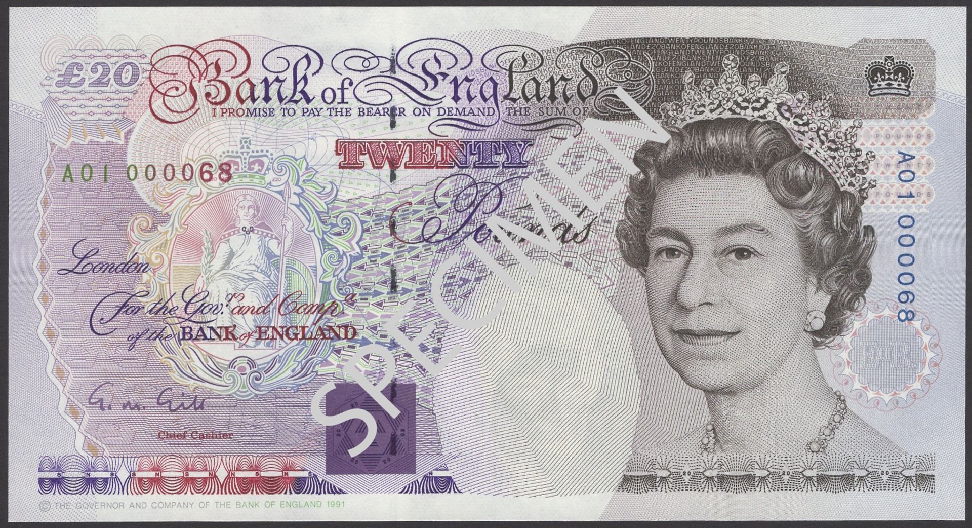 Bank of England, George M. Gill, Â£20, 5 June 1991, serial number A01 000068, fresh and origi...