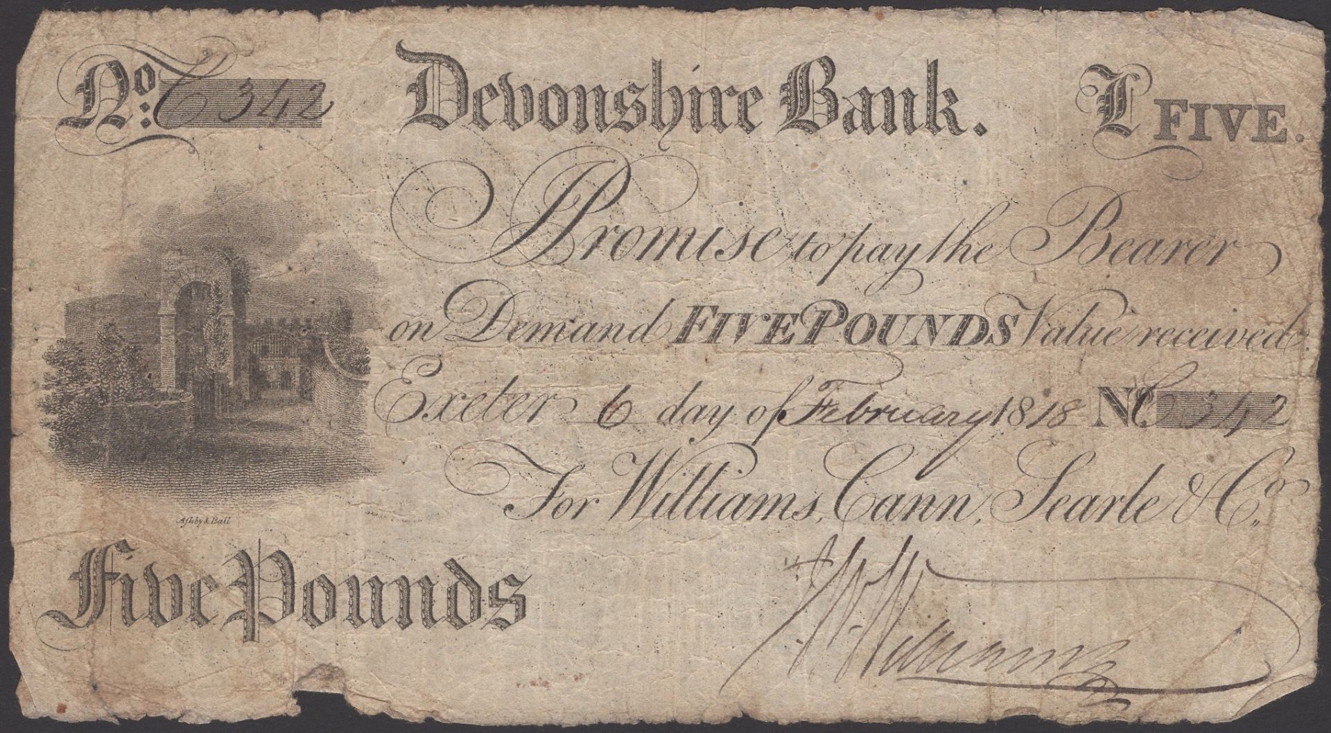 Devonshire Bank, Exeter, for Williams, Cann, Searle & Co., Â£5, 6 February 1818, serial numbe...