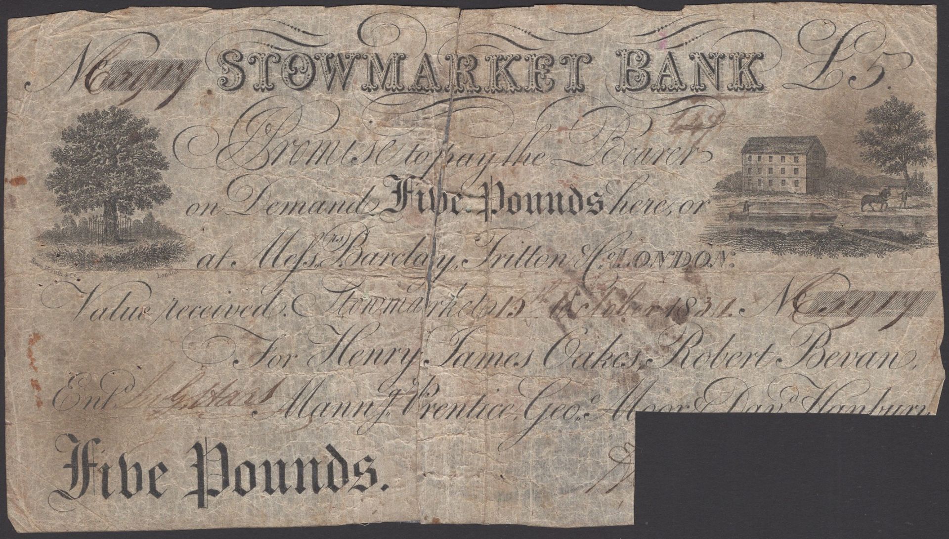 Stowmarket Bank, for Henry James Oakes, Robert Bevan, Manng Prentice, Geoe Moor & Davd Hanbu...