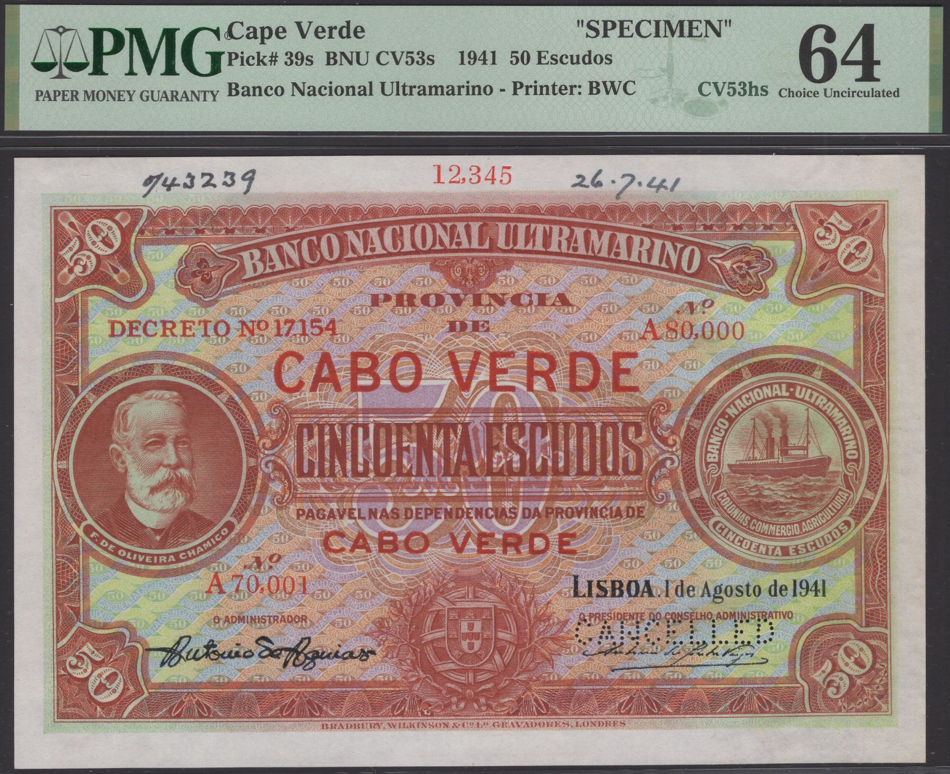 Banco Nacional Ultramarino, Cape Verde, printers archival specimen 50 Escudos, 1 August 1941...