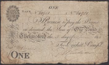 Chelmsford Bank, for Crickitt & Compy, Â£1, 3 June 1814, serial number 60951, Signature of Cr...