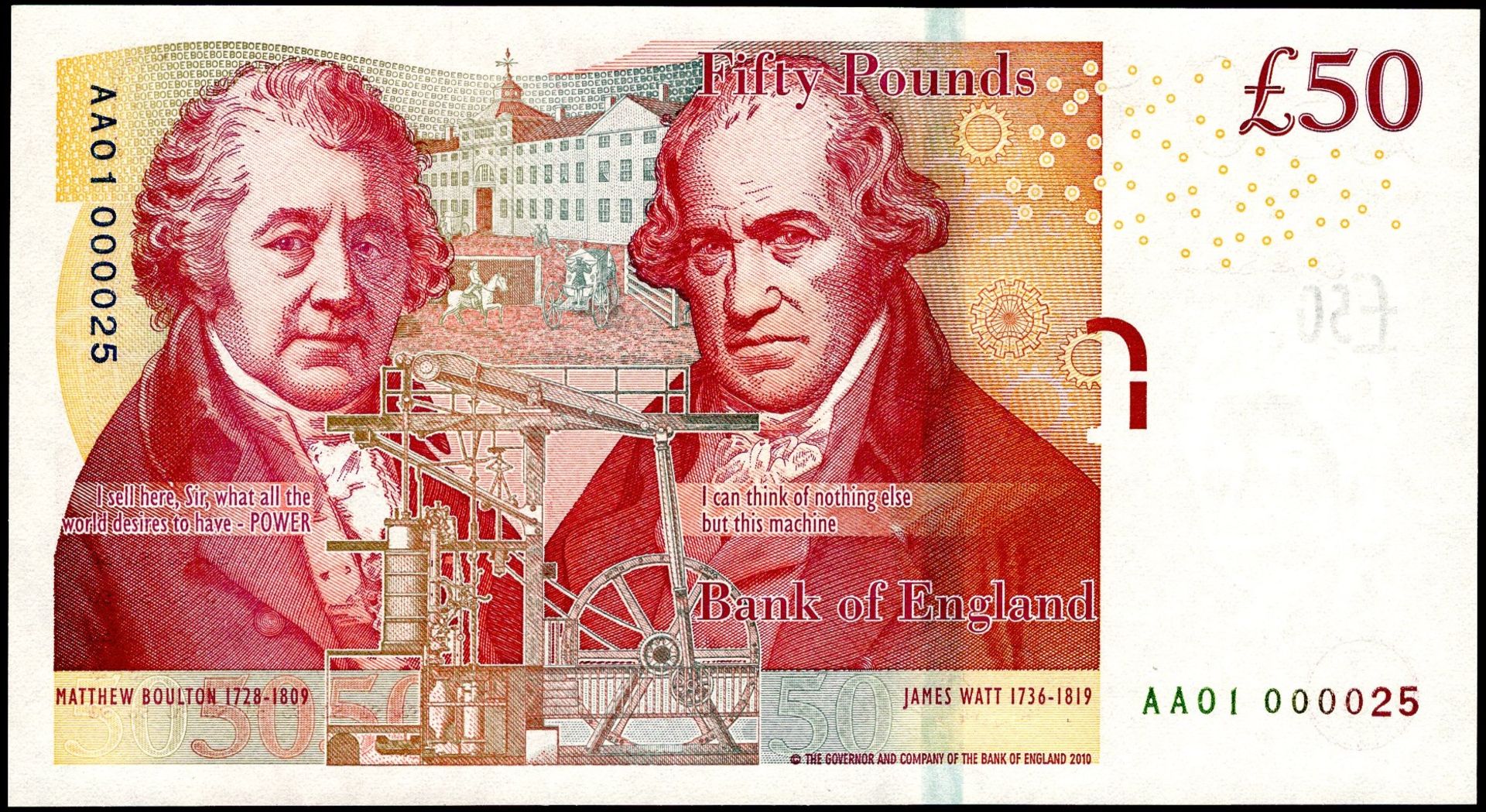 Bank of England, Chris Salmon, Â£50, 2010 (2011), serial number AA01 000025, uncirculated, an...