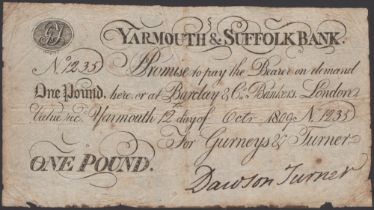 Yarmouth & Suffolk Bank, for Gurneys & Turner, Â£1, 12 October 1809, serial number 1235, Daws...