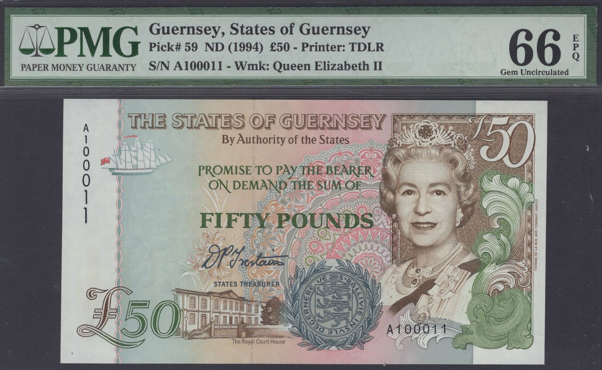 States of Guernsey, Â£50, ND (1994), serial number A100011, Trestain signature, in PMG holder...